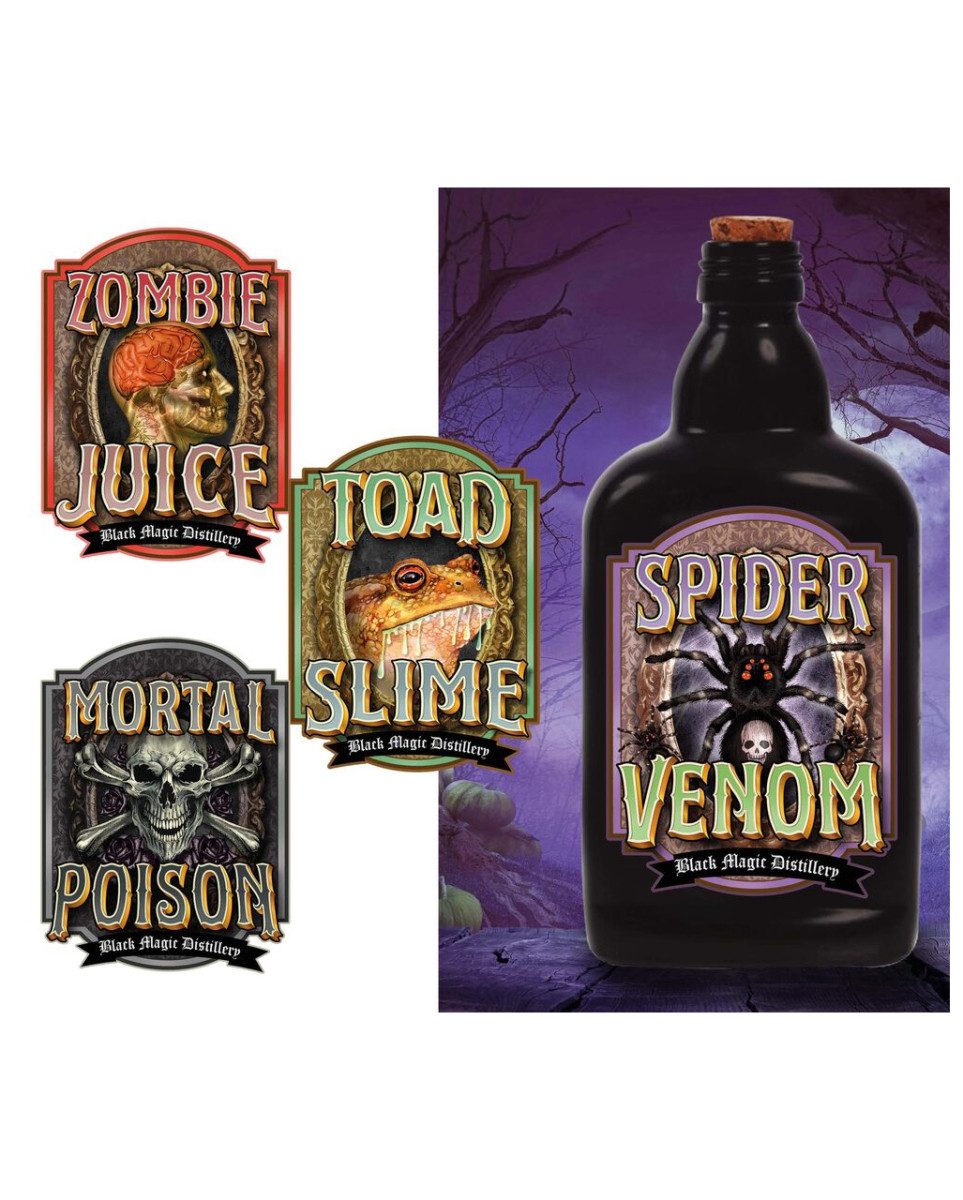 Horror-Shop Dekoobjekt 4-sortierte Giftflaschen Etiketten als Halloween D