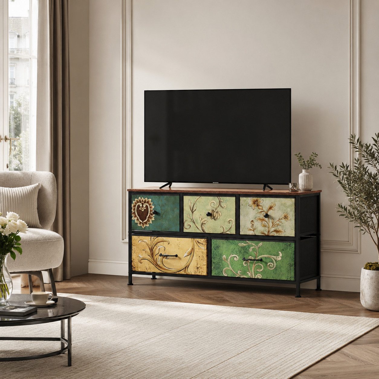 Simurq TV-Schrank TV-Schrank,TV-Ständer mit faltbaren 5 Schubladen und Regalen (5 Schubladen, Industrie-Stil) 1er Set, Retro-Muster,100x30x55.2CM