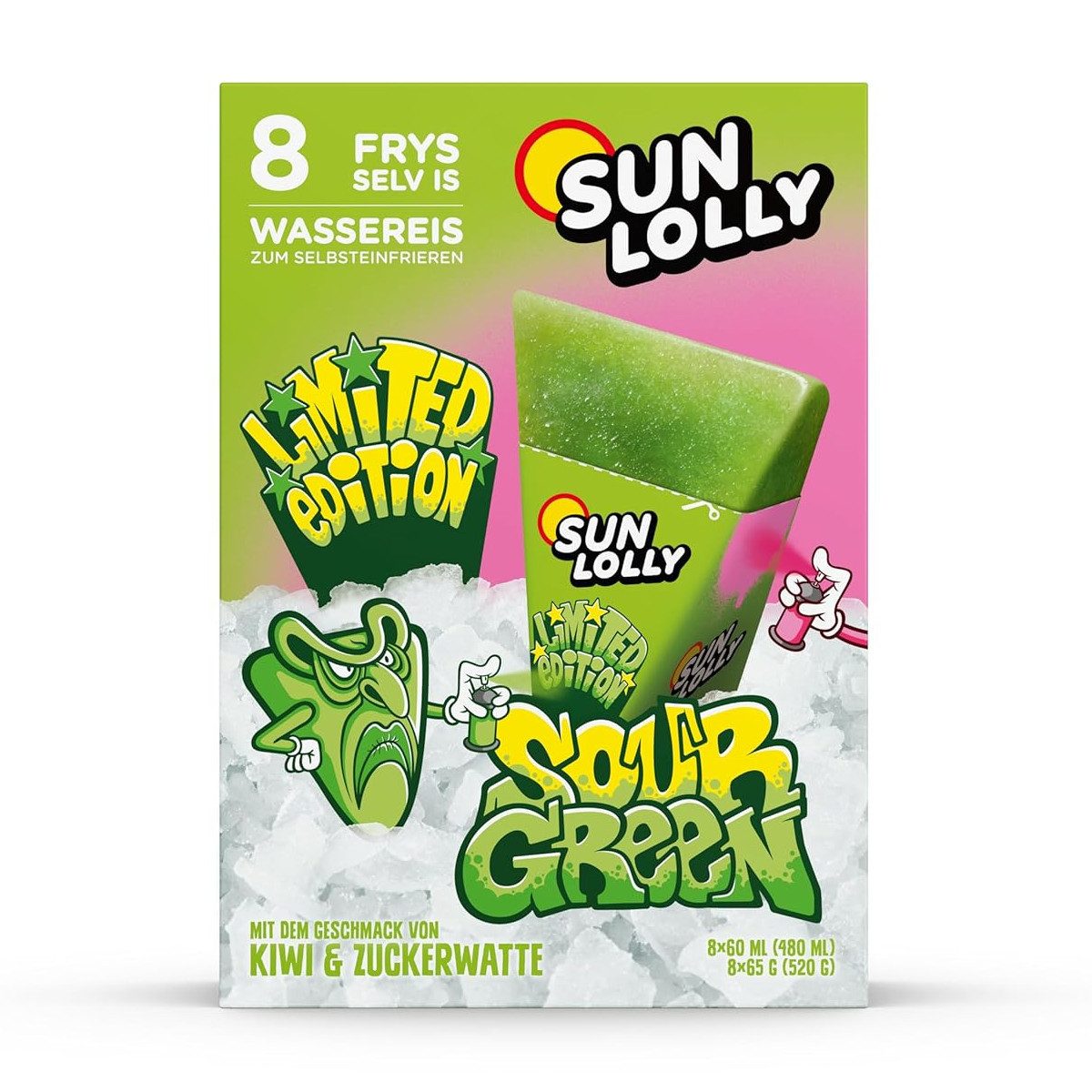 SUN LOLLY Süßigkeit, Sun Lolly Sour Green Wassereis 8x60ml zum Selbsteinfrieren 480ml