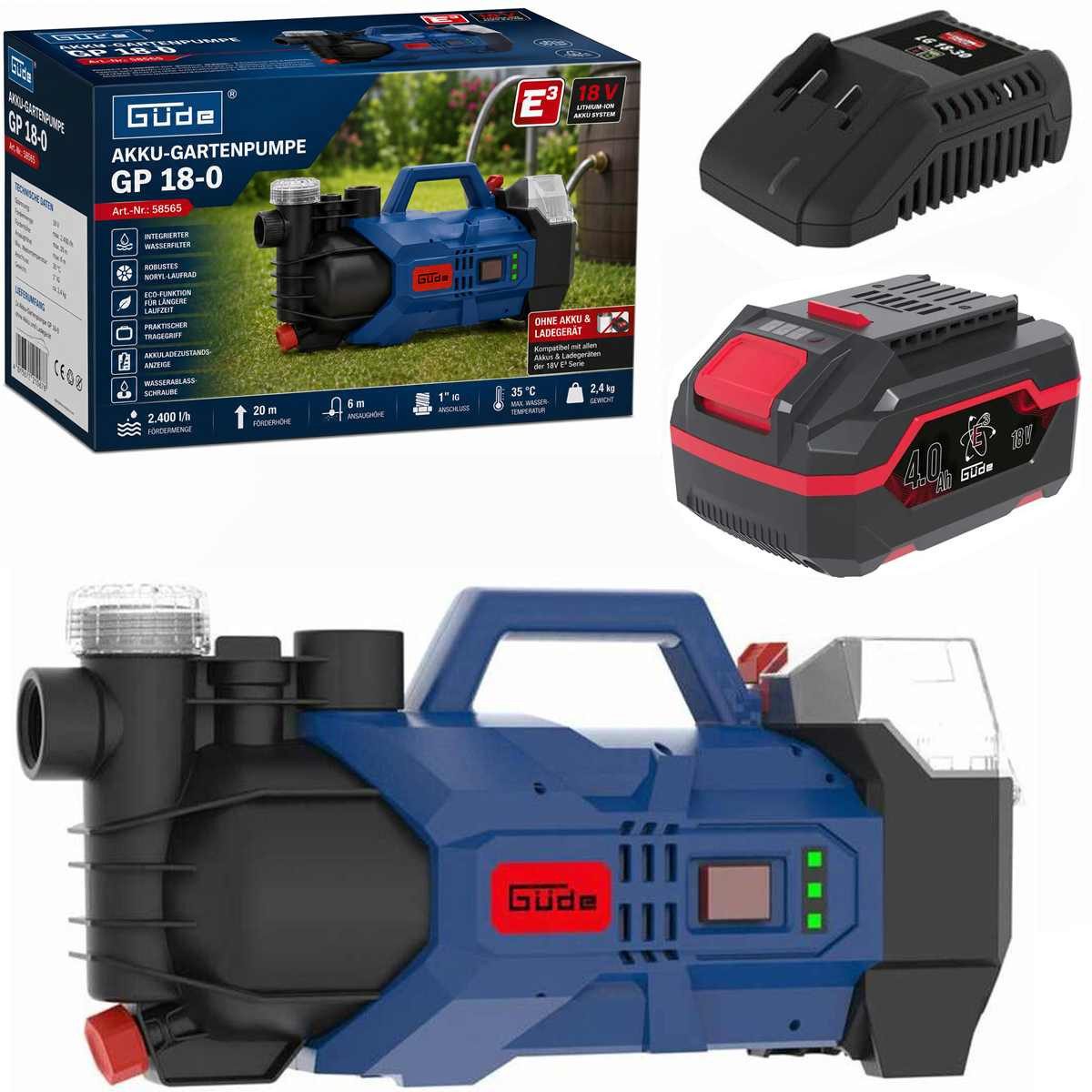 Güde Akku-Gartenpumpe Gartenpumpe GP 18-0 18 V mit Akku 4.0 Ah und Ladegerät