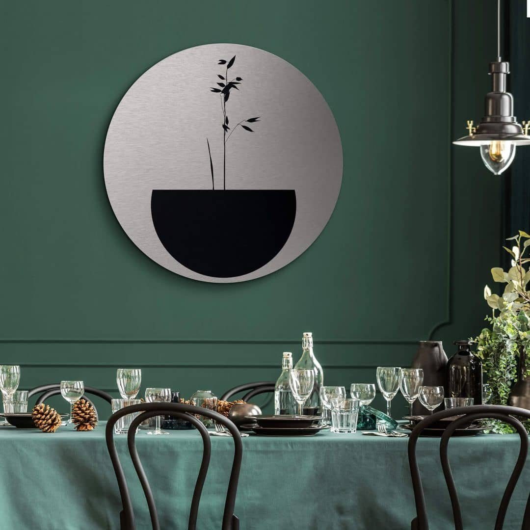 K&L Wall Art Alu-Dibond-Druck Metallposter Rund minimalistische Blume abstrakt Silber Kubistika, Metalloptik Wandbild Ø 30cm