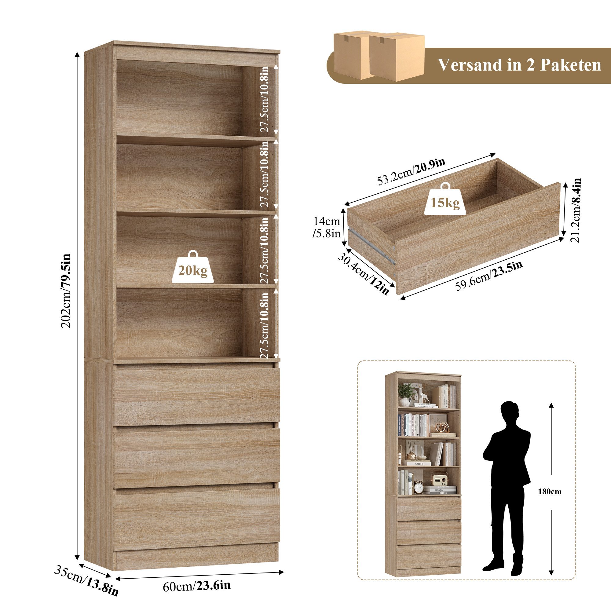 Homfa Bücherregal Hochschrank Standregal Bücherschrank Raumteiler, mit 4 Fächern und 3 Schubladen, 60x35x202cm