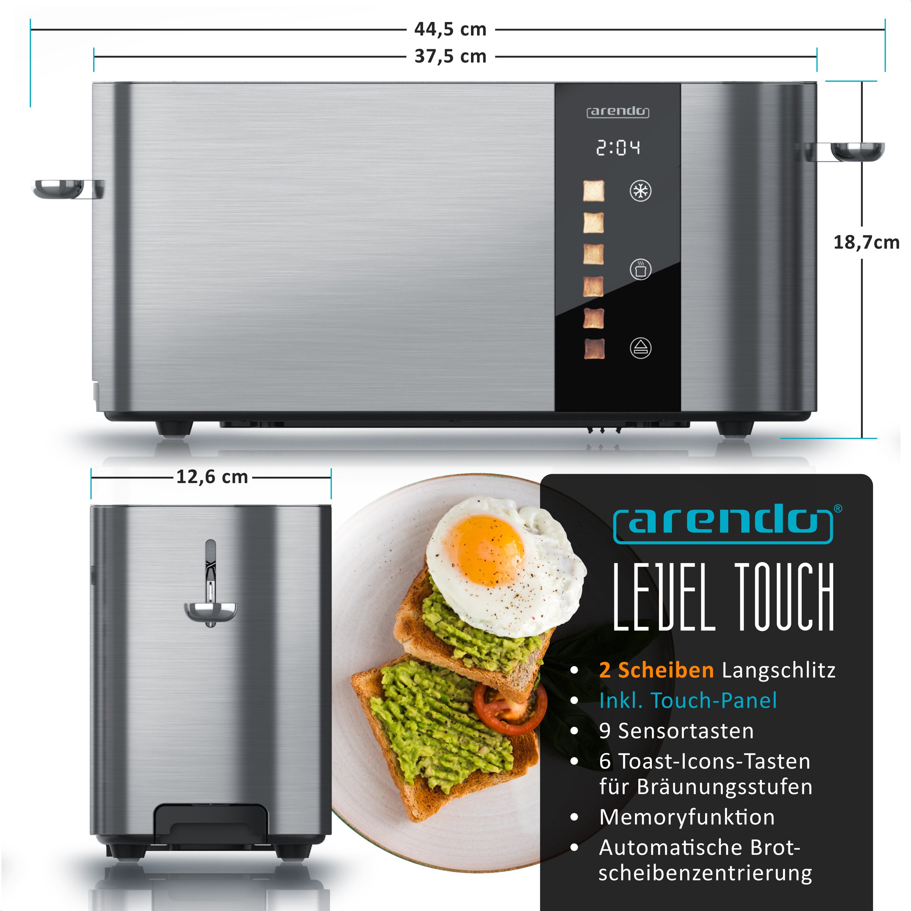 Arendo Toaster 2-Scheiben Edelstahl Langschlitz, Touch, Restzeit Bräunungsgradanzeige, 1 langer Schlitz, für 2 Scheiben, 1000 W, Brötchenaufsatz, Wärmeisoliert, Toast-Symbole für Bräunungsgradauswahl