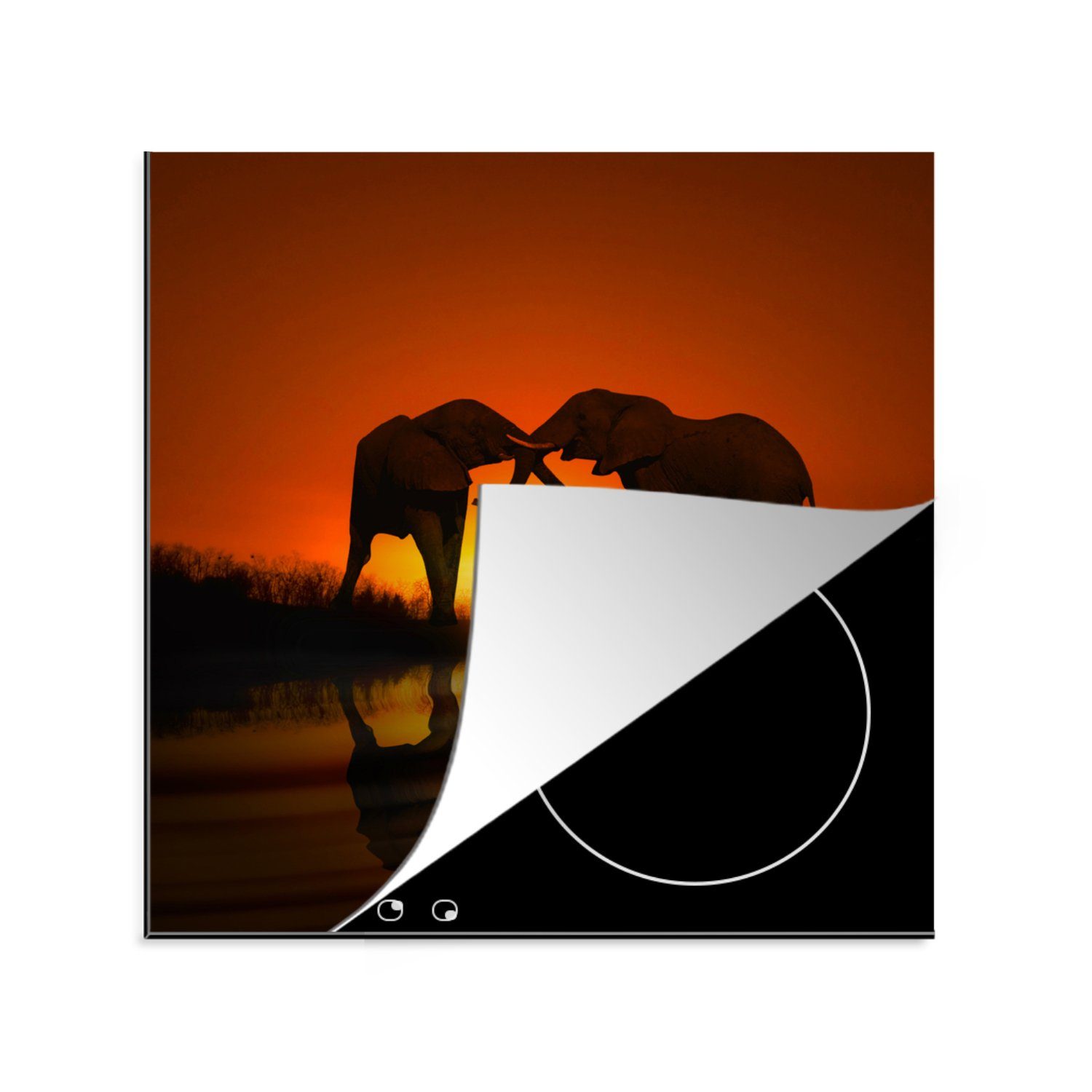 MuchoWow Herdblende-/Abdeckplatte Elefant - Sonne - Afrika, Vinyl, (1 tlg), 78x78 cm, Ceranfeldabdeckung, Arbeitsplatte für küche