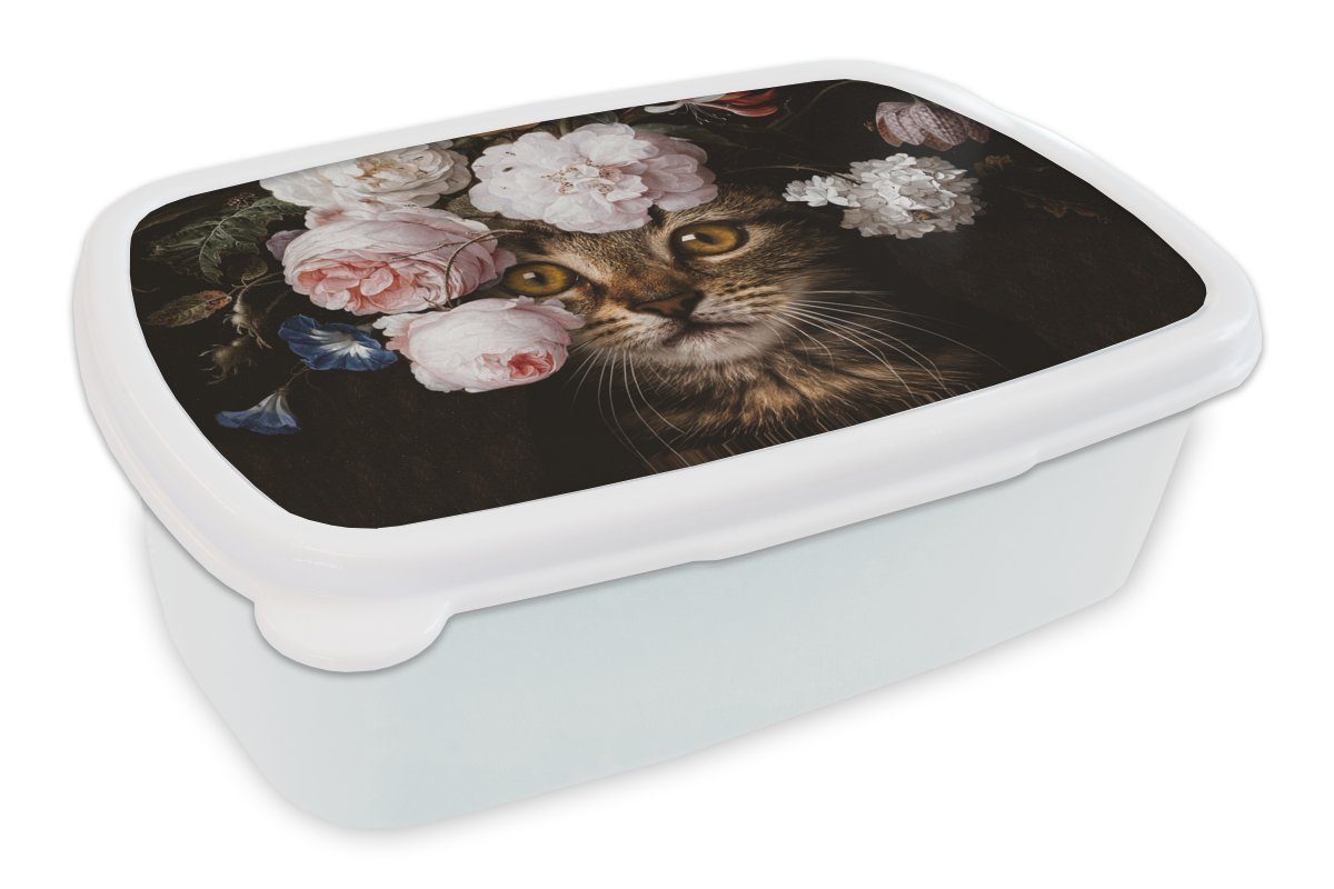 MuchoWow Lunchbox Katze - Blumen - Kunst, Kunststoff, (2-tlg), Brotbox für Kinder und Erwachsene, Brotdose, für Jungs und Mädchen weiß