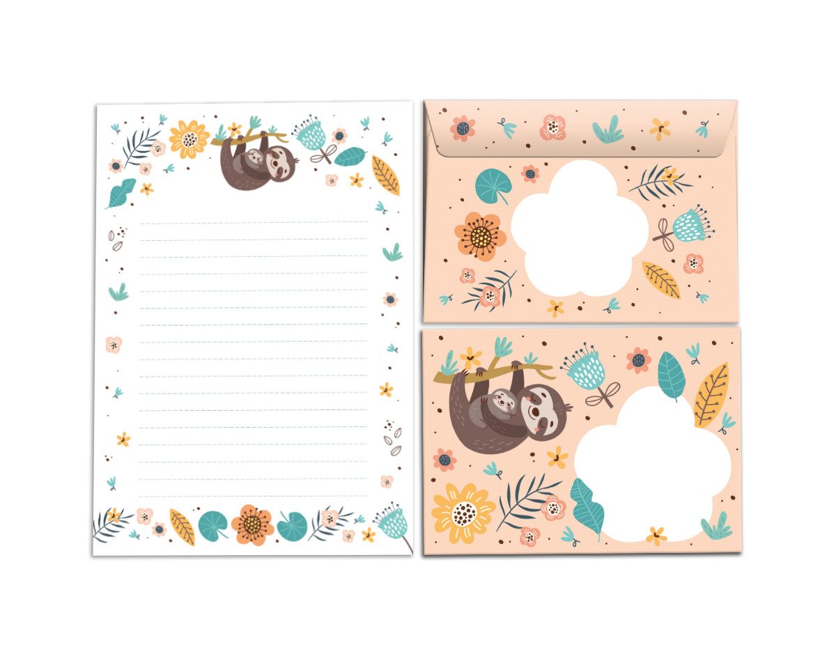JUNAPACK Briefpapier Set Kinder Briefblock A5 mit Umschlägen Notizblock Papier Faultier, Kinder-Briefpapier A5 mit 15 Umschlägen, liniert & leicht beschreibbar