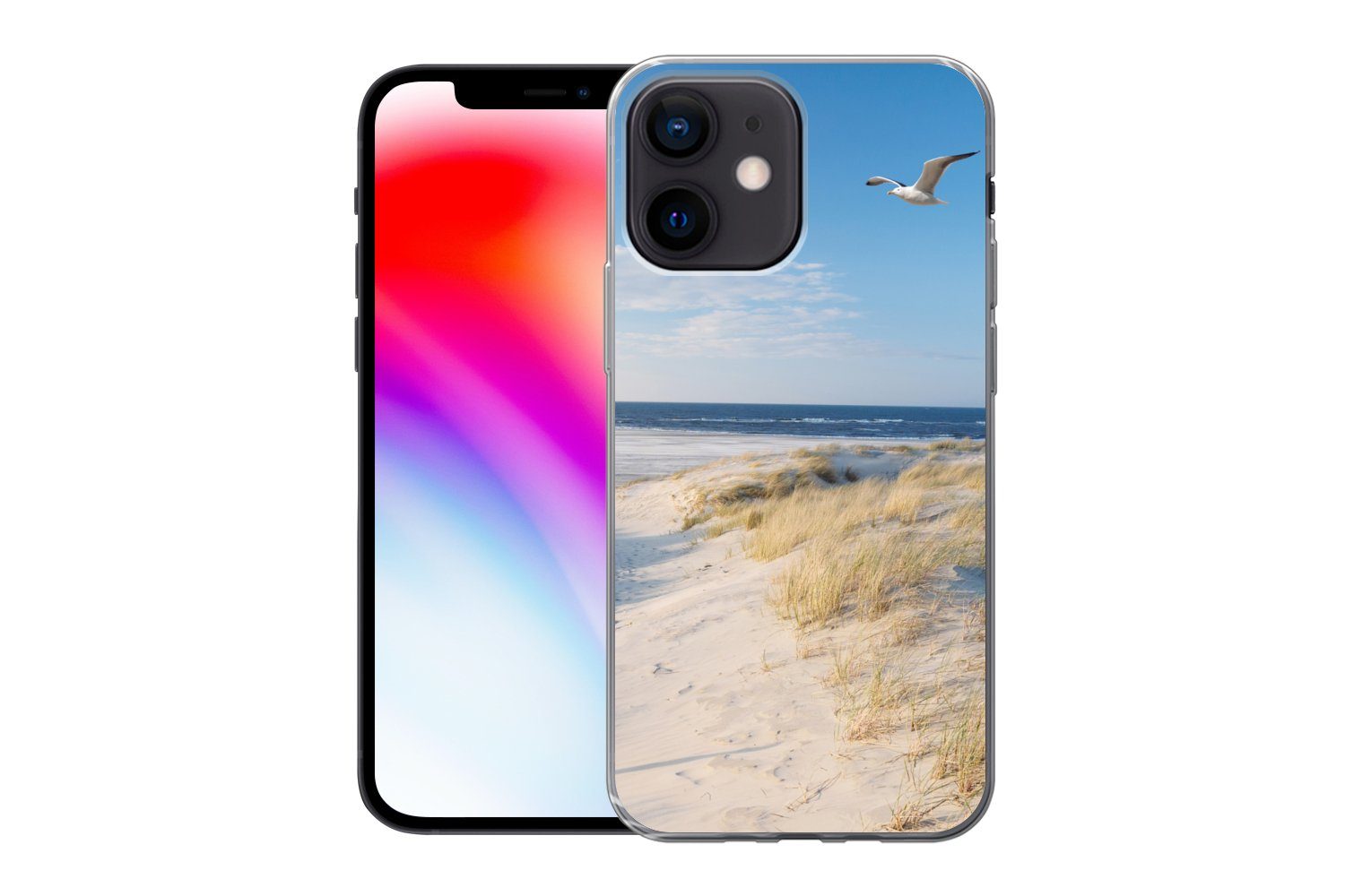 MuchoWow Handyhülle für Apple iPhone 12 Mini Düne - Möwe - Strand - Meer - Sonne, Smartphone-Bumper, Print, Handy Schutzhülle Dünn