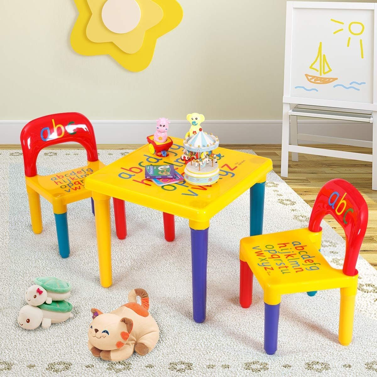 KOMFOTTEU Kindersitzgruppe Kindertisch, (Set, 3-tlg), mit 2 Stühlen, bunt | Sitzgarnituren