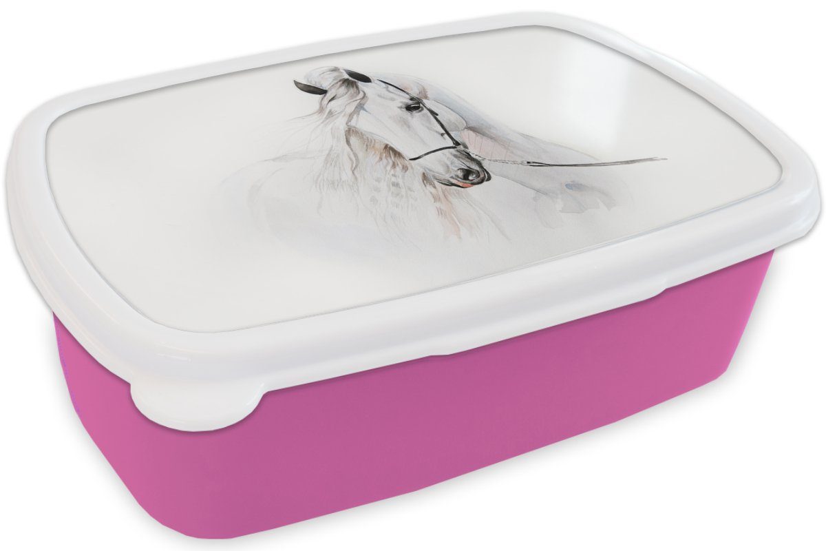 Kinder, Aquarell Kunststoff Mädchen, - MuchoWow Brotdose - Pferd Snackbox, Weiß, Brotbox Kunststoff, Lunchbox (2-tlg), für rosa Erwachsene, - Tiere