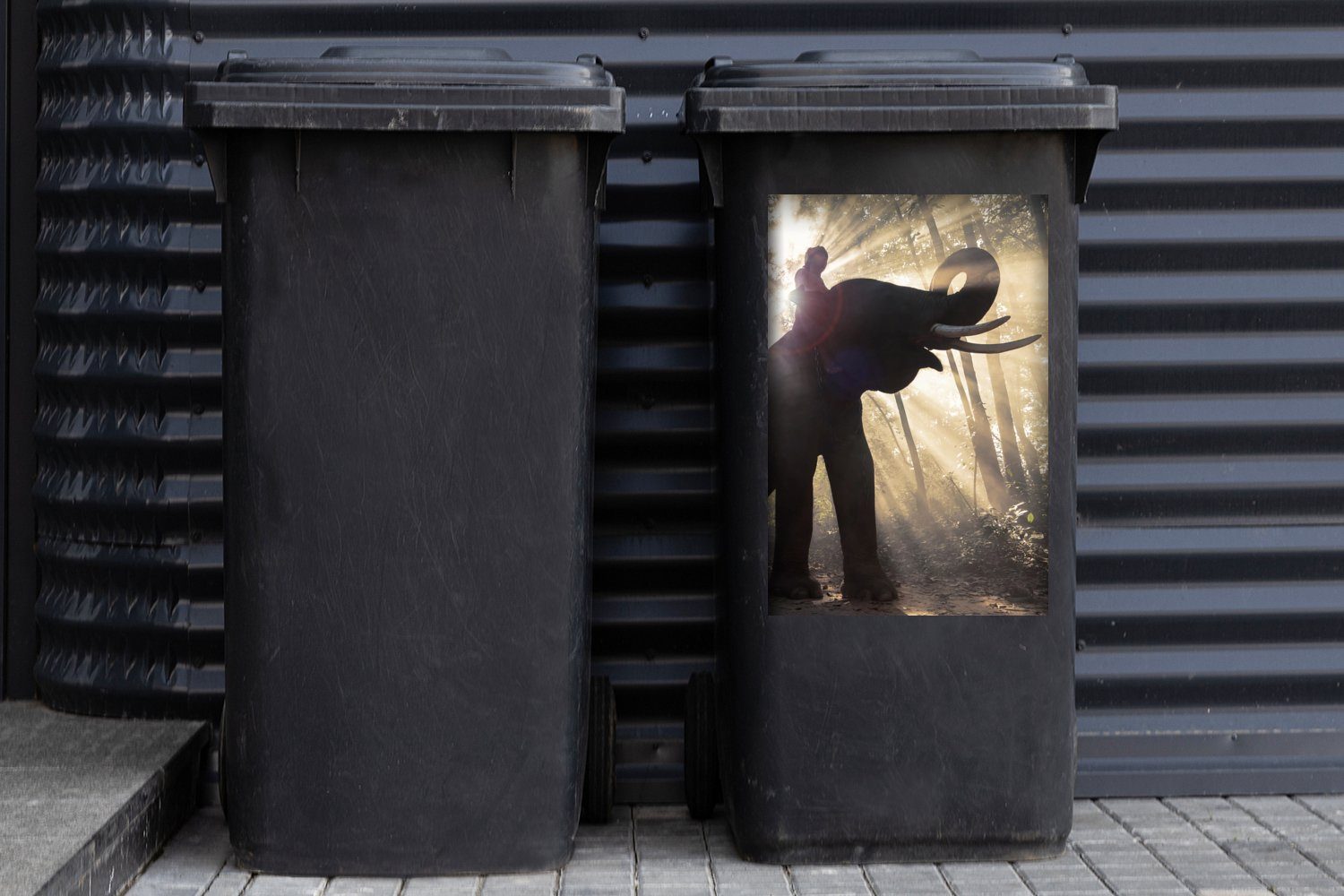 in MuchoWow Mülltonne, Sticker, Wandsticker St), (1 hellem Abfalbehälter Sonnenlicht Elefant mit Person Container, Mülleimer-aufkleber,