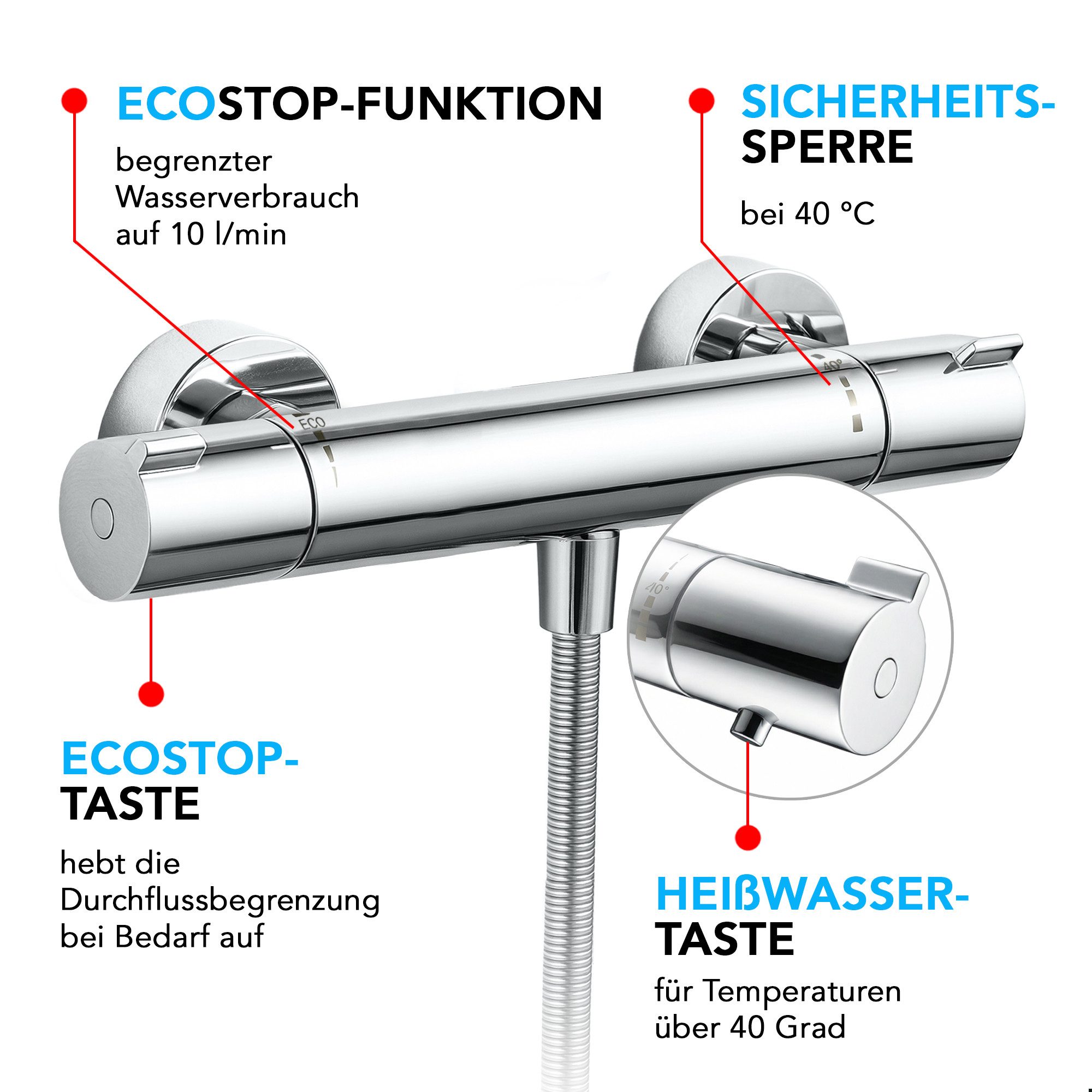 hansgrohe Duscharmatur Ecostat 1001CL Brausethermostat Set mit Aloni Handbrause & Regendusche (Spar-Set) EcoStop & 40°C Sicherheitssperre, Armatur in chrom, Wandmontage