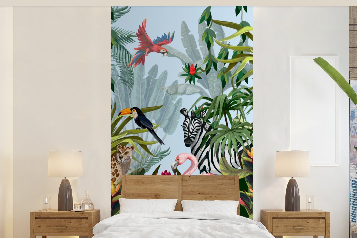 Schlafzimmer - Zebra Mädchen Küche, Wohnzimmer Natur Jungen - St), (2 - Dschungel - Fototapete - bedruckt, Flamingo, MuchoWow Vliestapete - Kinder Matt, für Fototapete