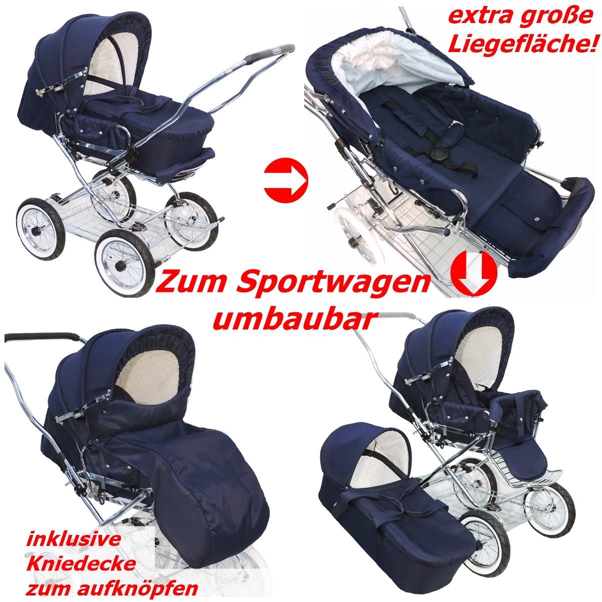 Sportwagen Eichhorn EU mit marine in Luftkammer-Rädern, made umbaubar Kombi-Kinderwagen Designer, zum Kinderwagen -