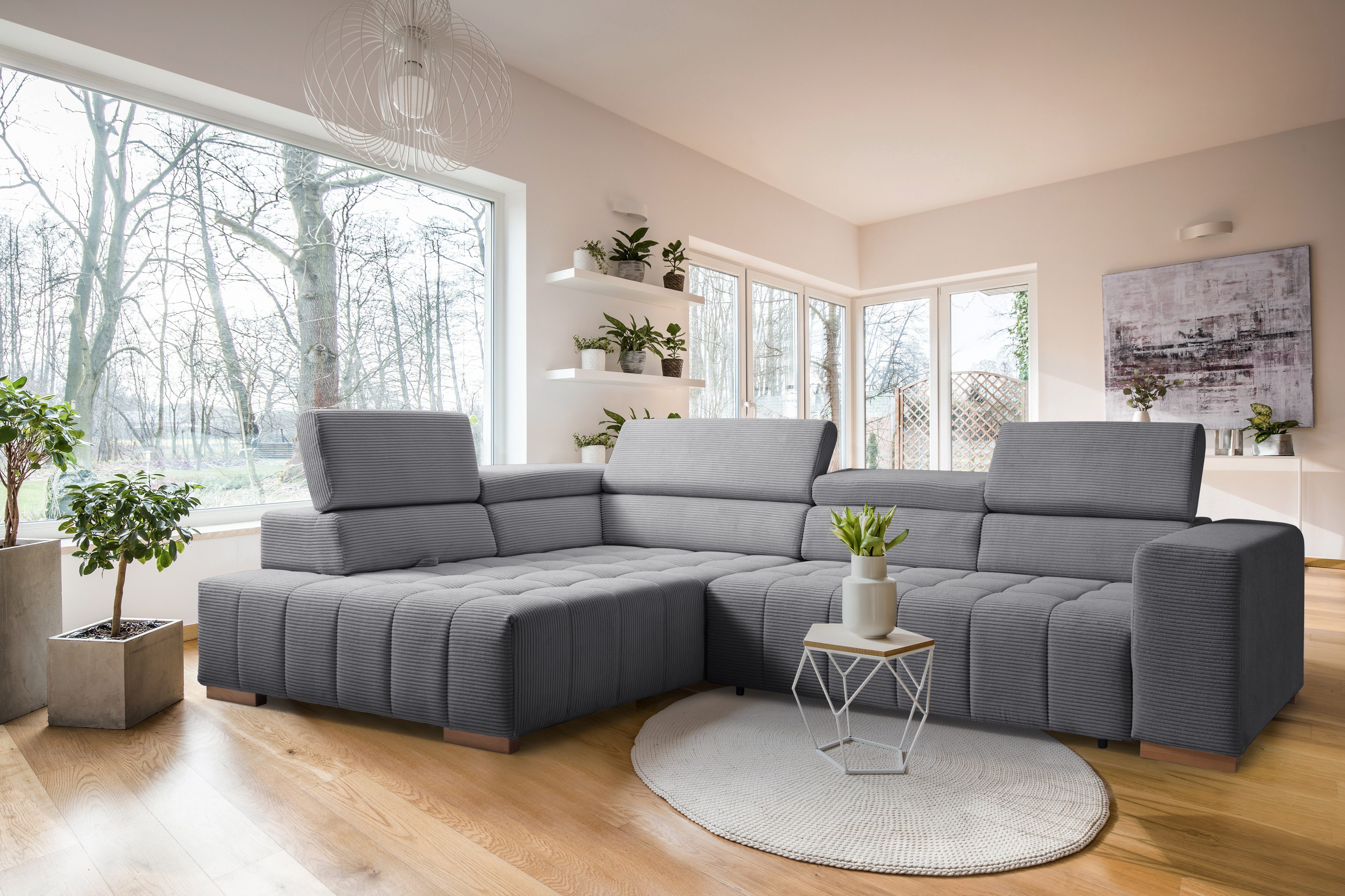 exxpo - sofa fashion Ecksofa Elianos, hoher Sitzkomfort, aufwendige Kreuzsteppung im Sitz, L-Form, Kopfteile & Sitztiefe verstellbar, mit Bettfunktion, Cord, grey