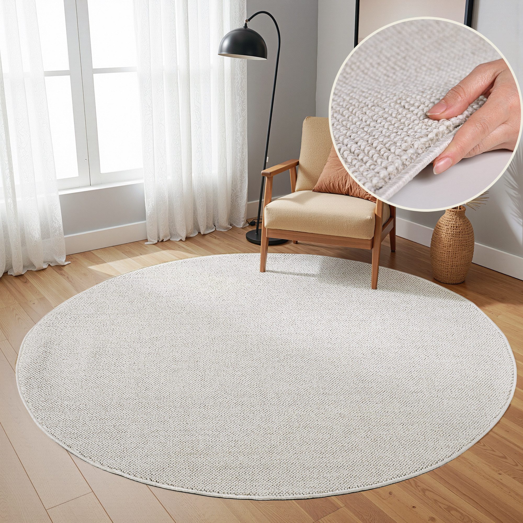 SIMPEX24 Teppich Unicolor, Rund, Höhe: 7 mm, Schlingenteppich Schlafzimmer Einfarbig Meliert Design