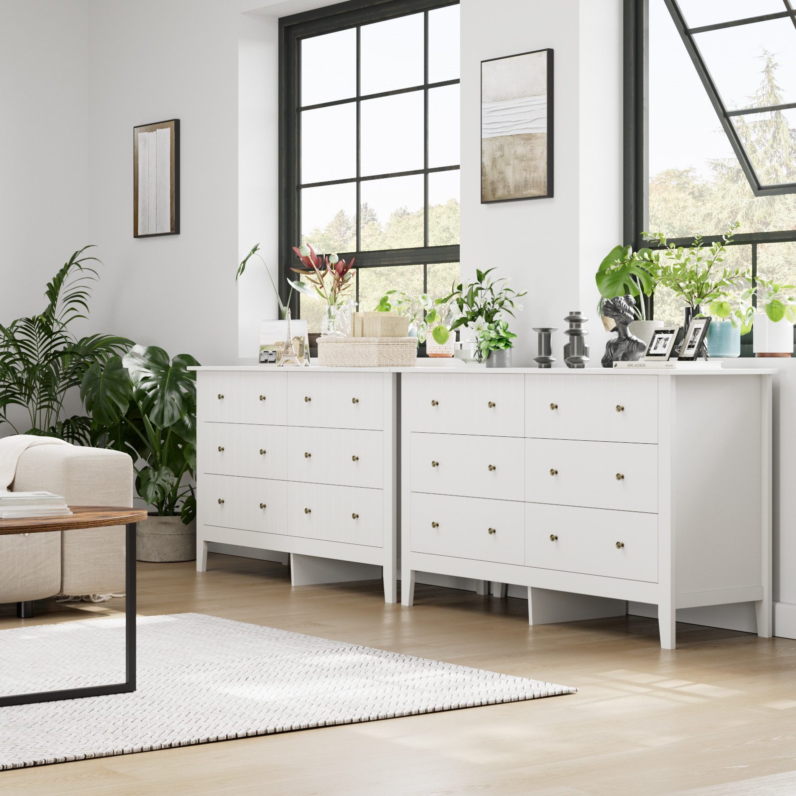 Homfa Kommode 133 cm breit Sideboard Schubladenschrank, mit 6 Schubladen, Landhaus, weiß, 133x45x79,5 cm – Bild 3 von 5