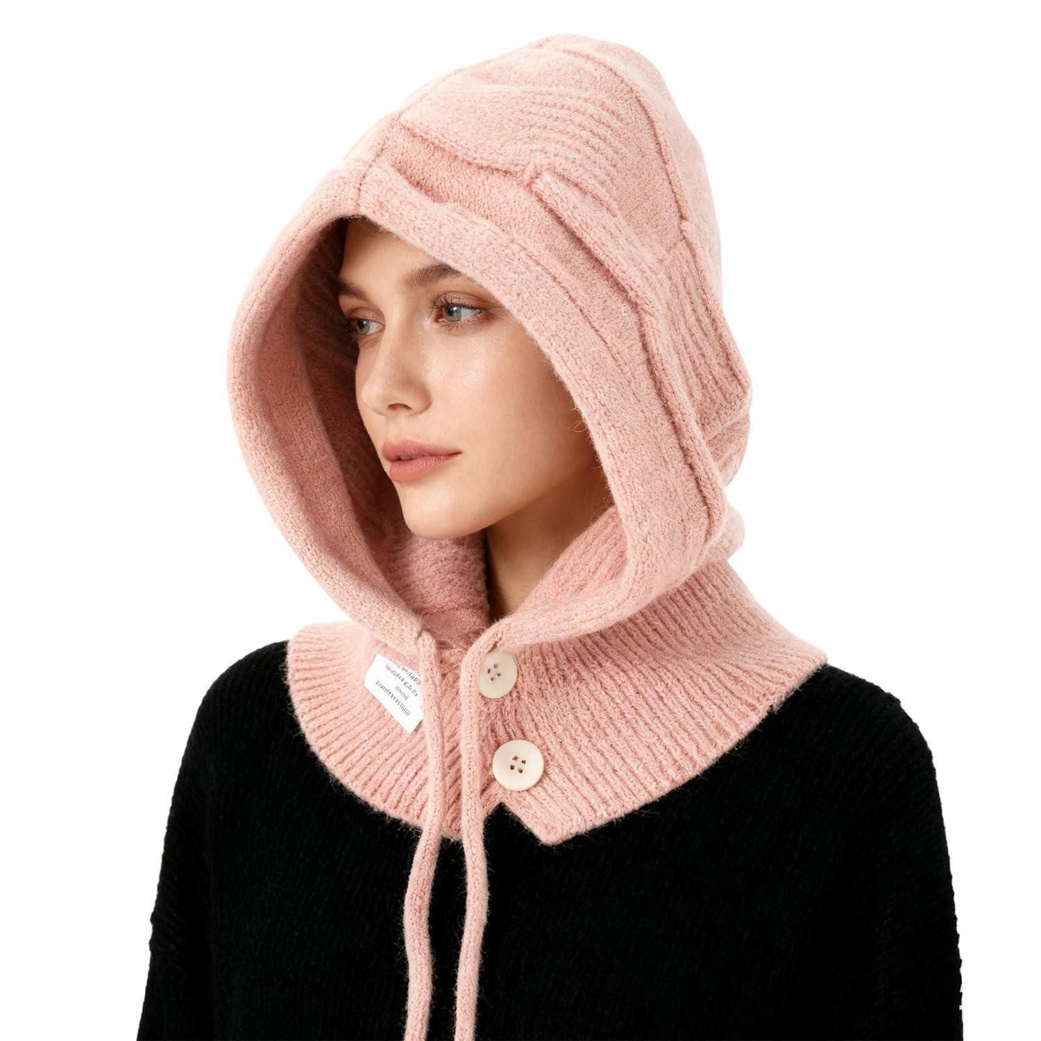 LuxusKollektion Sturmhaube Strickmütze Damen Thermo Beanie Kapuzenschal Sturmhaube Rosa (1-St)