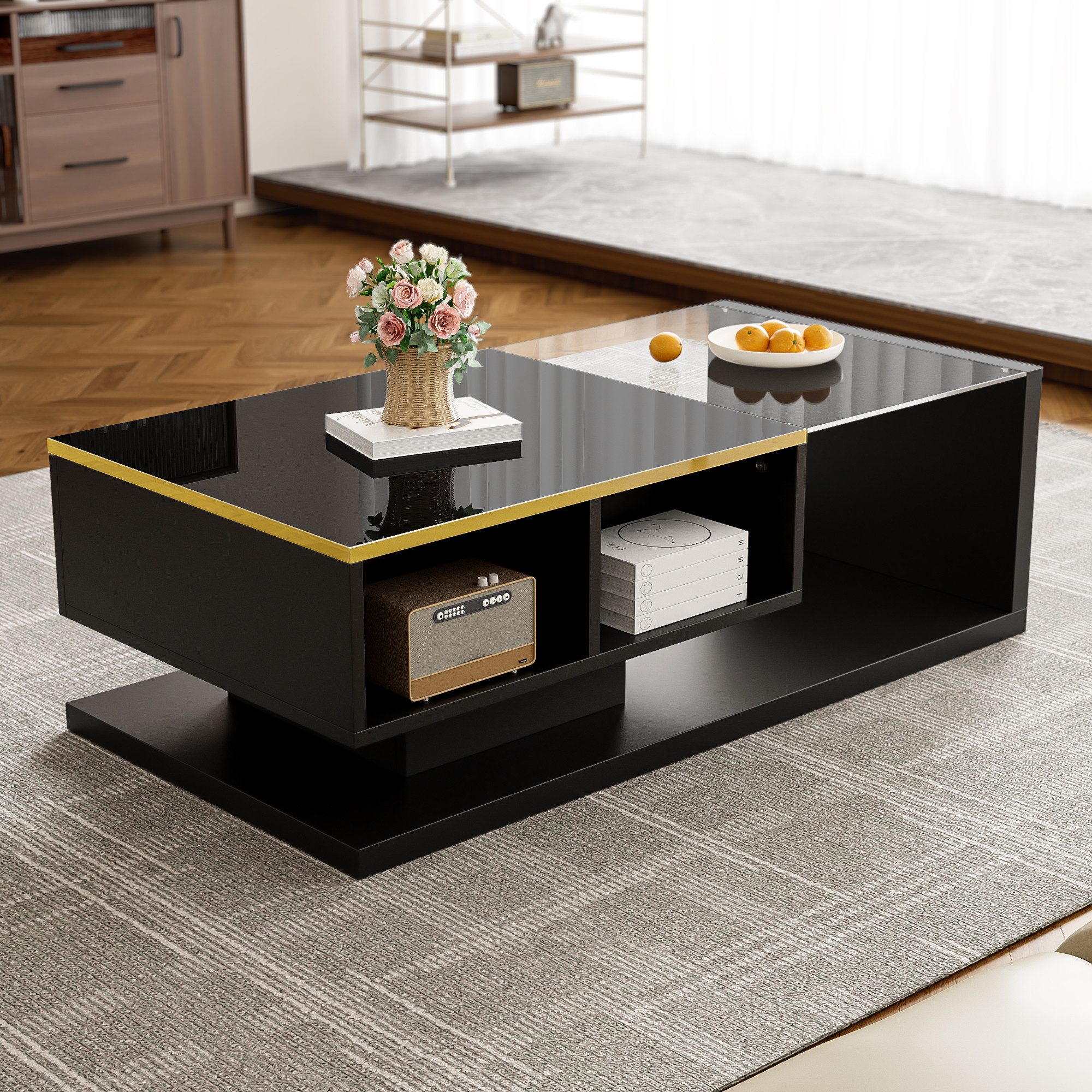 Merax Couchtisch hochglanz Beistelltisch mit Stauraum und Glastischplatte (100x50x32,5cm), Wohnzimmertisch mit Bluetooth, Sofatisch Kaffeetisch mit LED