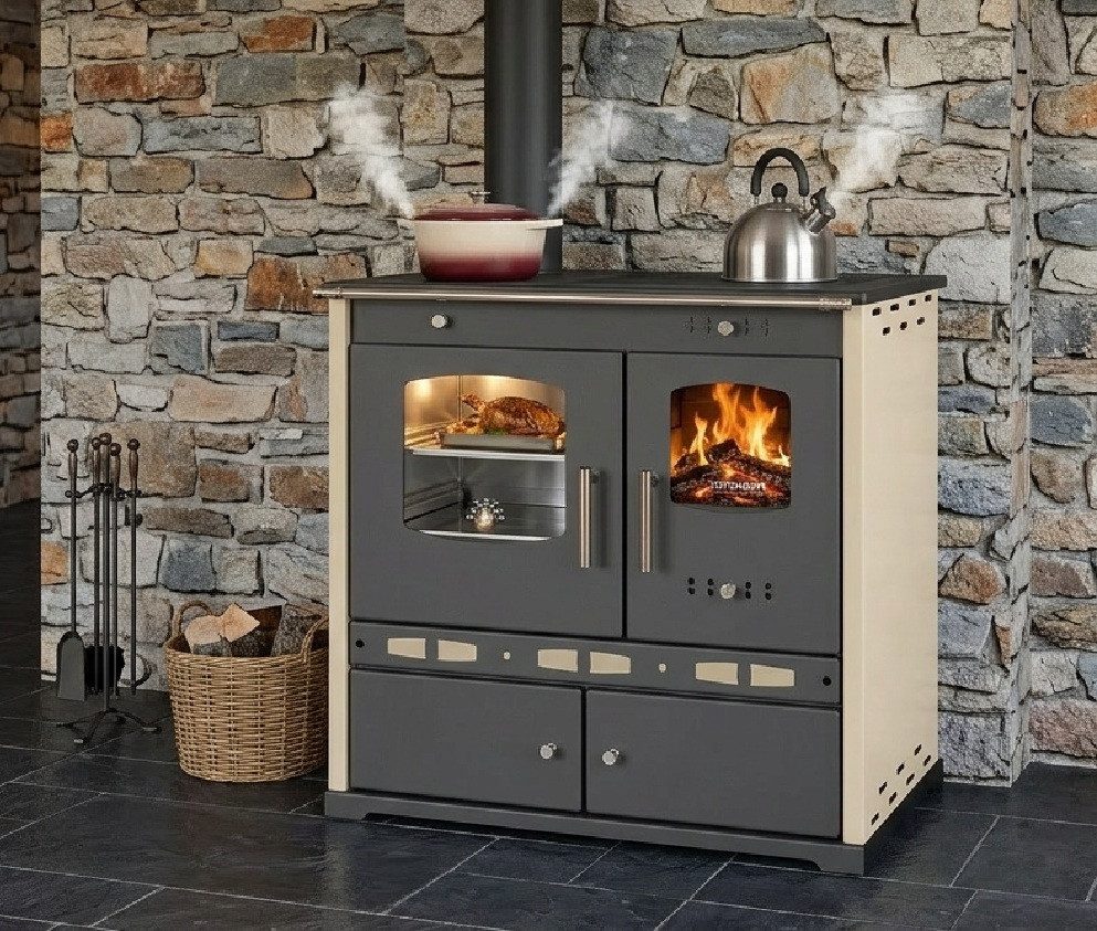 Prometey Festbrennstoffherd Holzherd ECO LUX INOX, Edelstahlbackfach, creme, linke Version, 7,1 kW – Bild 5 von 5