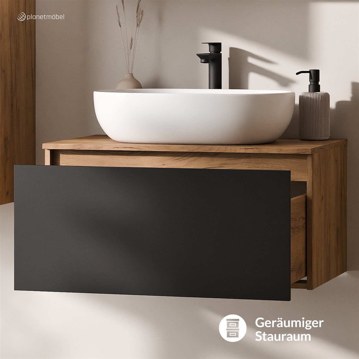 Planetmöbel Waschtisch-Set ARISA Waschtisch 80 cm mit Waschbecken 60 cm, (Waschtischunterschrank für Gäste WC & Bad, mit Aufsatz-Waschbecken 60 cm), Schublade mit Soft-Close