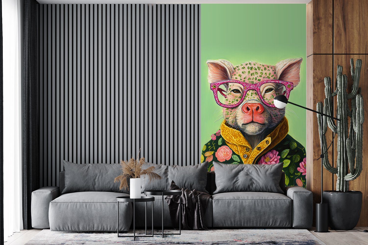 Schwein Rosa Schlafzimmer bedruckt, Fototapete MuchoWow Wohnzimmer St), Blumen Vliestapete (2 - Brille - Tier, Fototapete Küche, - für - Matt,