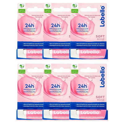 Labello Lippenpflegestift 6 x Labello Soft Rosé Lippenpflegestift jeweils 4,8 g mit Rosen Extrak