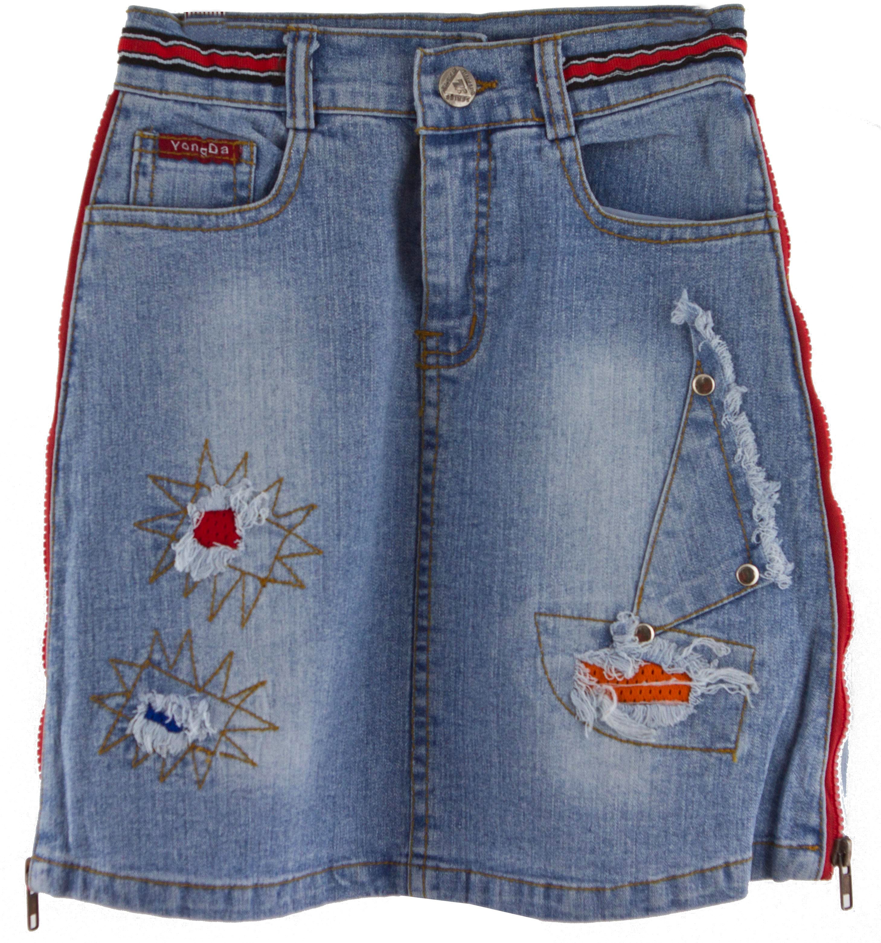 Jeansrock Patches Denim knielang Rock Schlaufen Mädchen und Mädchen Denim und Jeansrock-Kids-Reissverschluss Schlaufen Patches Style mit Jeansrock Kinder Rock Girl Kids Kids Rock Jeansrock Kinder mit knielang Style Rock AvaMia