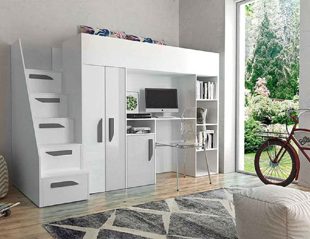 Feldmann-Wohnen Hochbett PARTY (Etagenbett mit Schreibtisch + Kleiderschrank) Farbe wählbar weiß / weiß Hochglanz - Griffe grau
