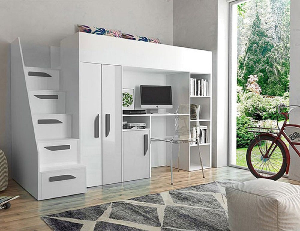 Hochbett PARTY (Etagenbett mit Schreibtisch + Kleiderschrank) Farbe wählbar günstig online kaufen