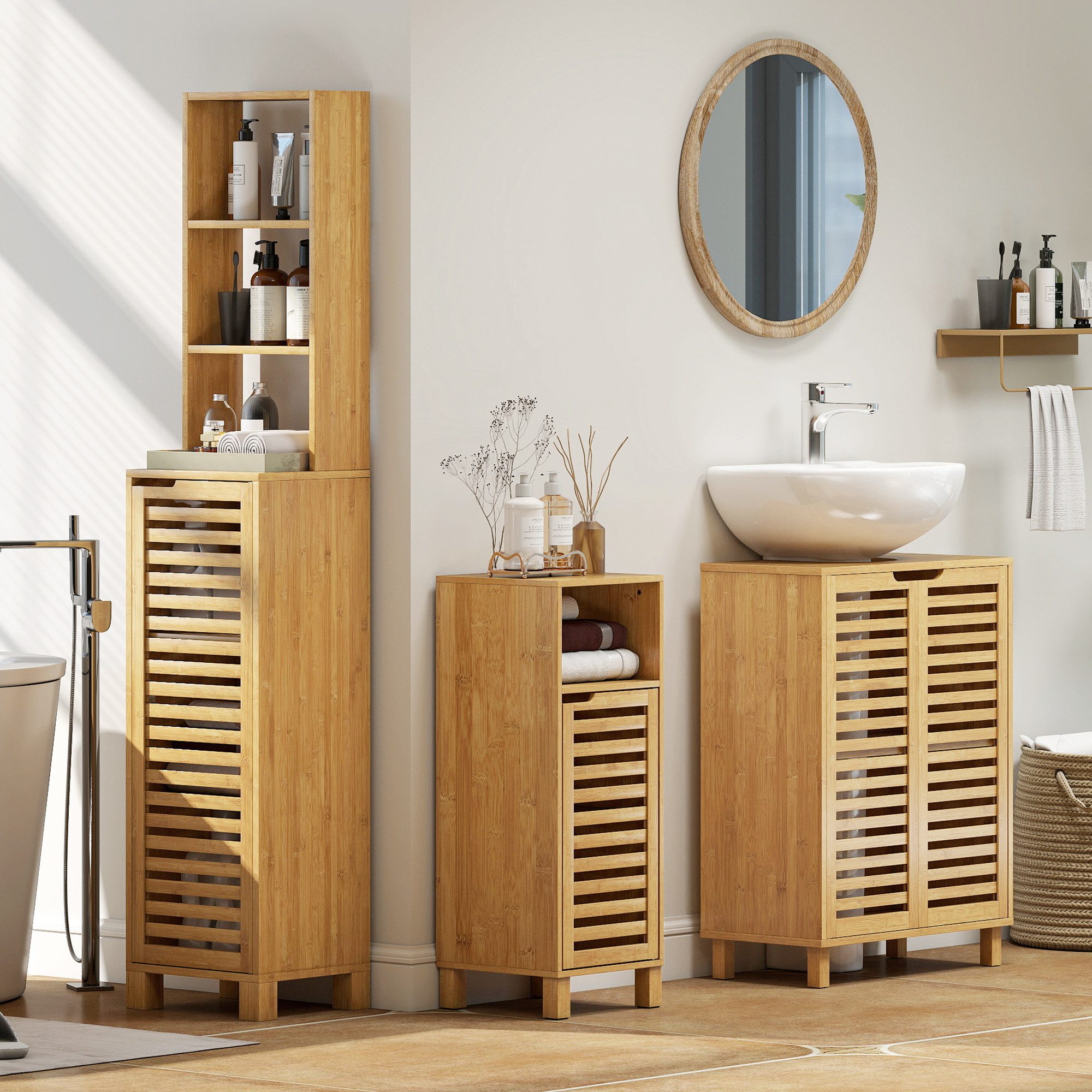 HOMCOM Badkommode Lamellentüren, verstellbare Regale (Set, 3 St., 3-teiliges Set), Mit Hochschrank, Unterschrank und schmalem Schrank