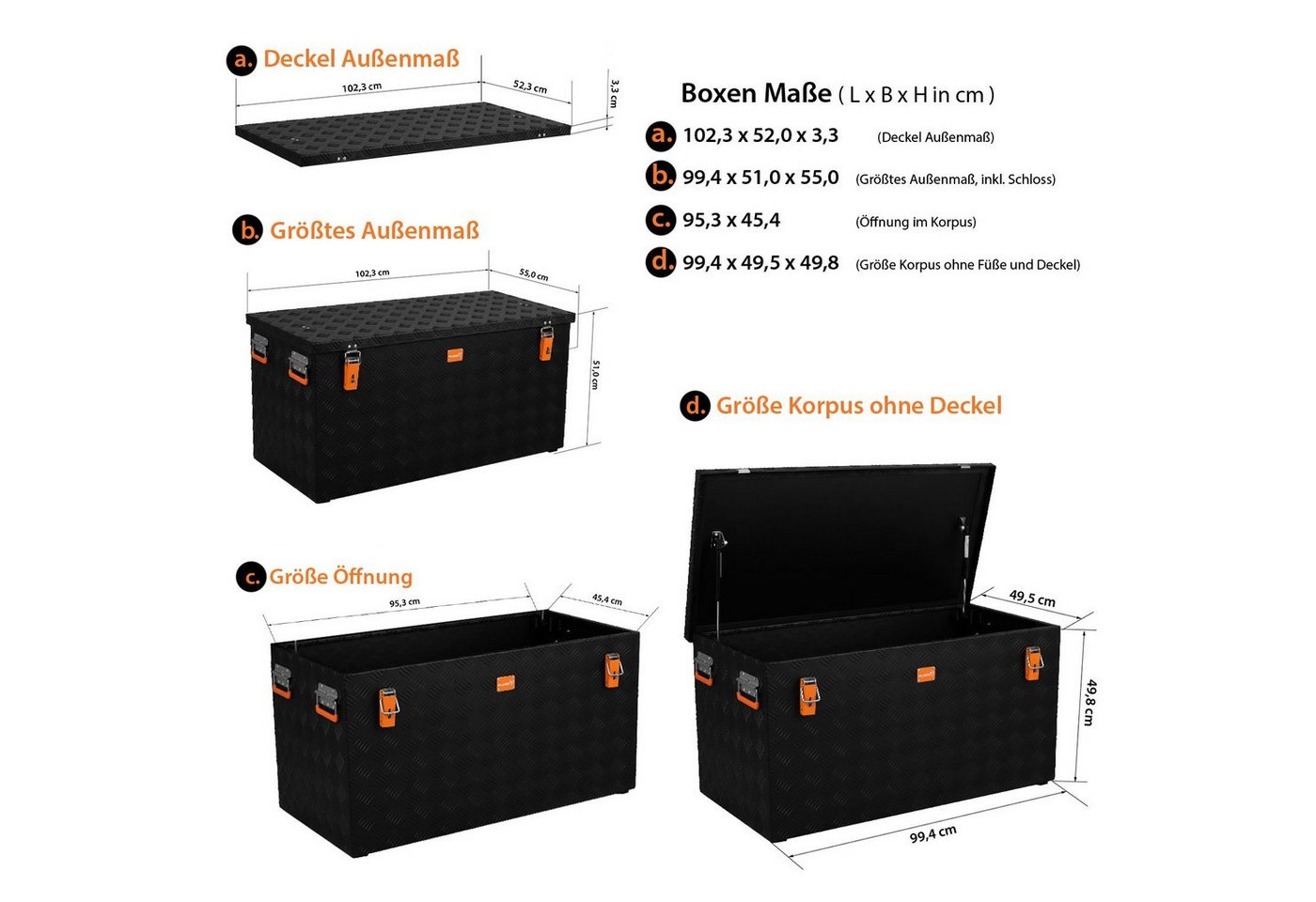 Thumbnail - ALUBOX Aufbewahrungsbox Riffelblech Gartenbox outdoor Alukiste schwarz (250 Liter), Fangbänder im Deckel