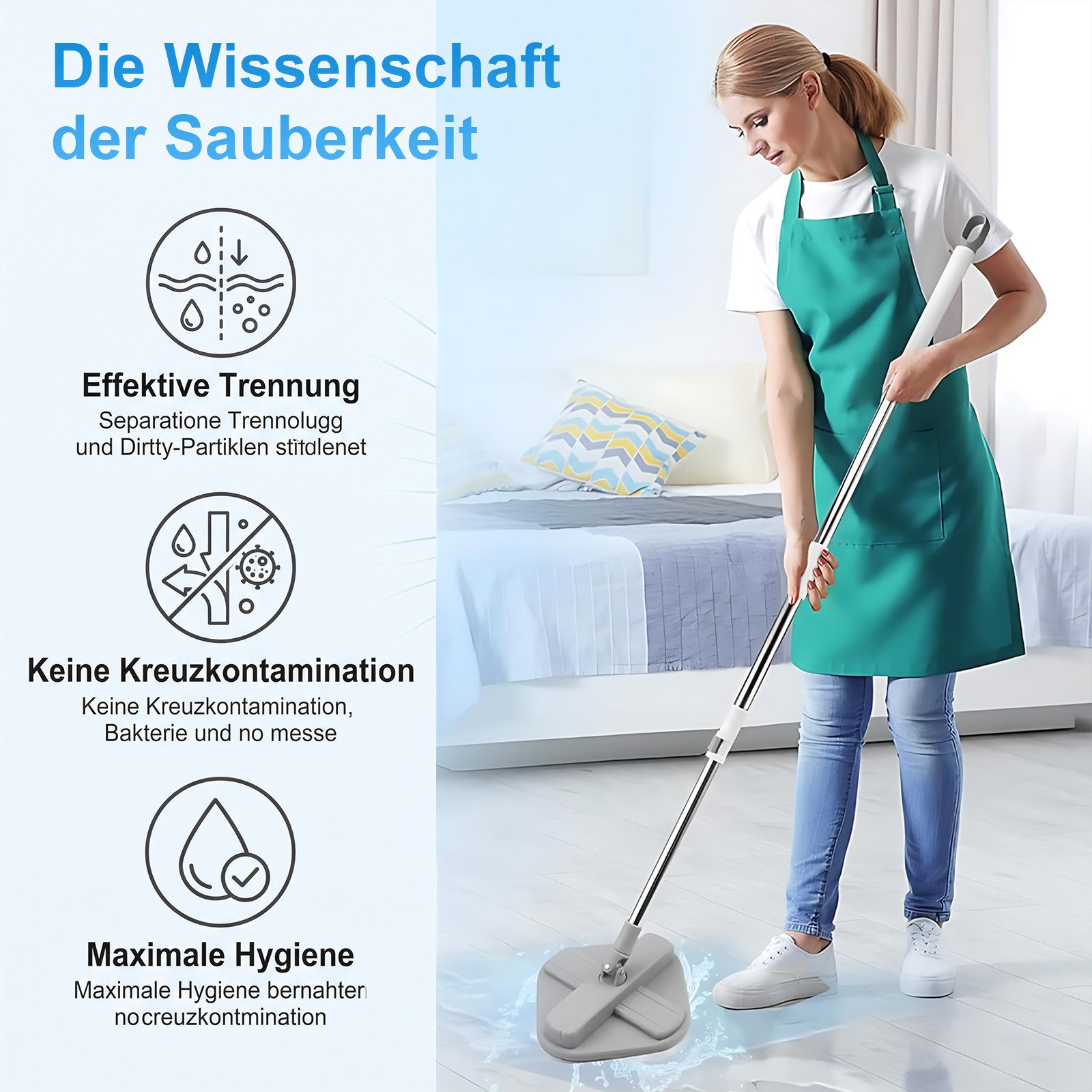 AKKEE Wischmopp-Set mit Eimer, 2-in-1 Filtersystem Trennt Schmutz von Frischwasser, mit 2 Mikrofaserbezug