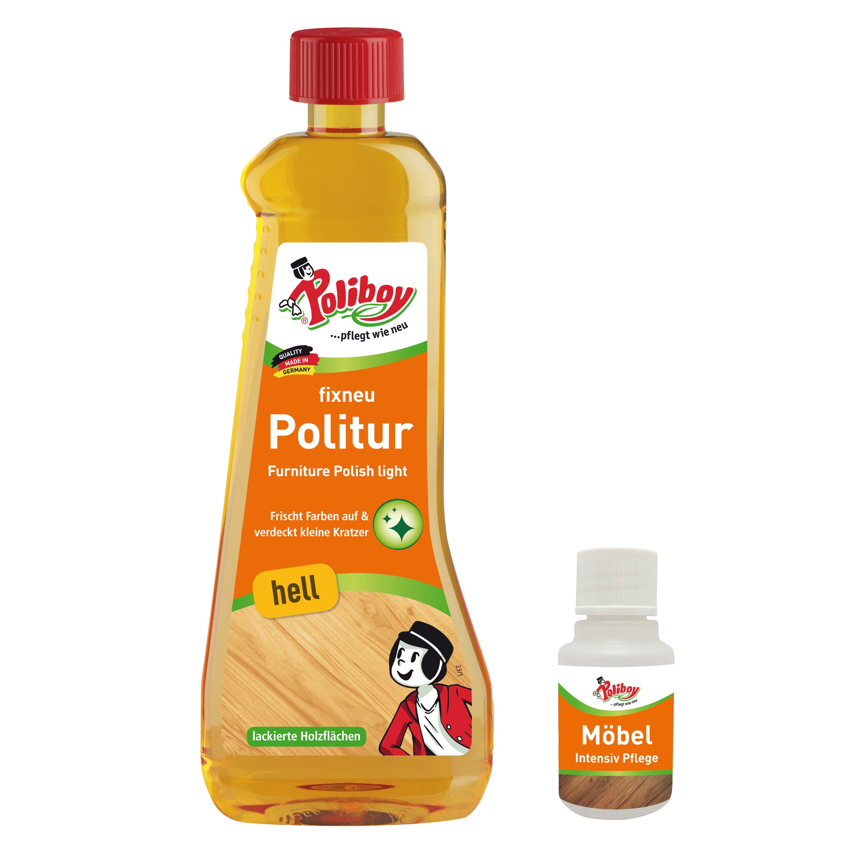 poliboy Fixneu Möbelpolitur hell - 500ml - inklusive Möbel Probe Möbelreiniger (für helle Oberflächen - Made in Germany)