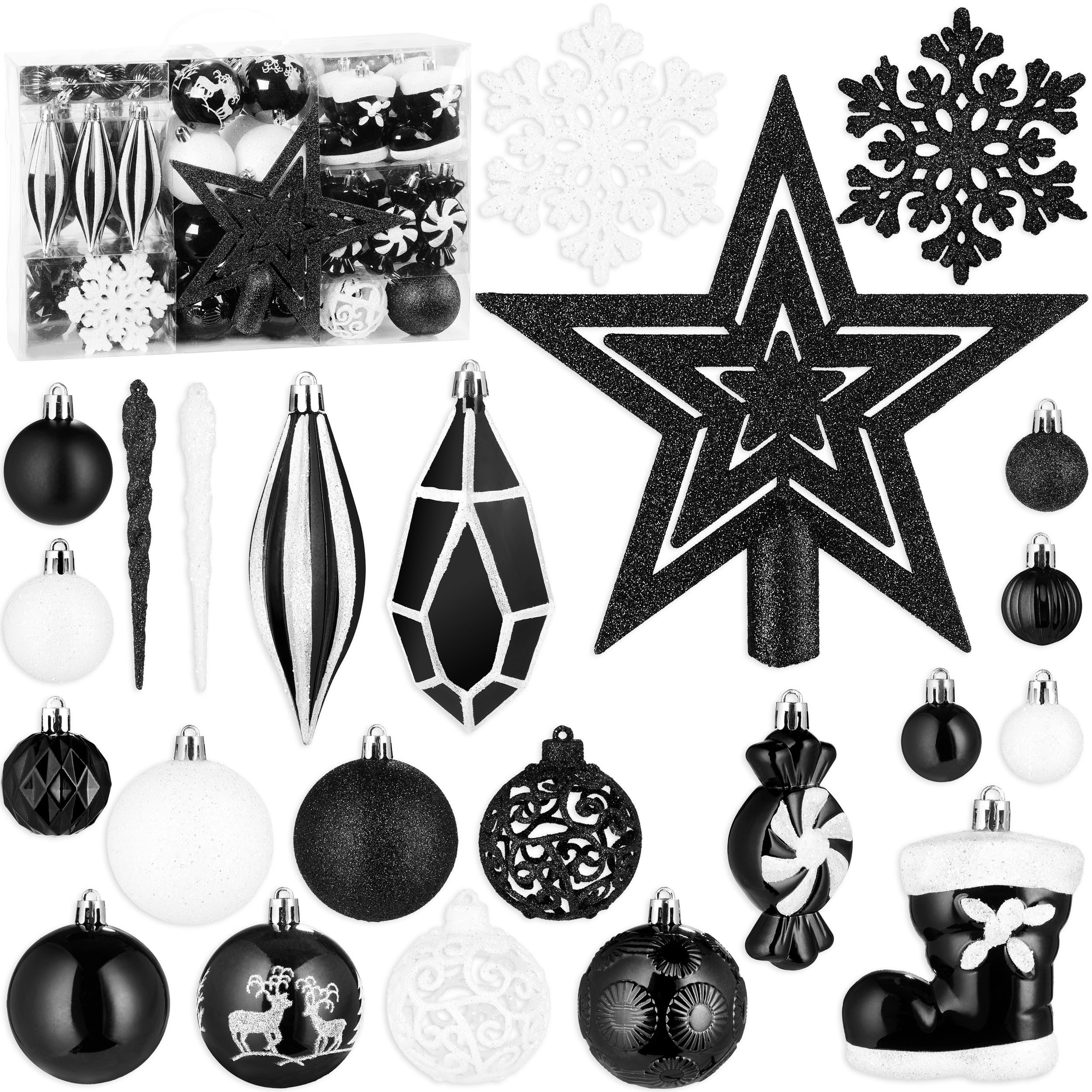 BRUBAKER Weihnachtsbaumkugel XXL Weihnachtskugel Set - Premium Christbaumschmuck (128 St), Baumschmuck mit Glitzer Kugeln, Figur Anhängern und Baumspitze Stern