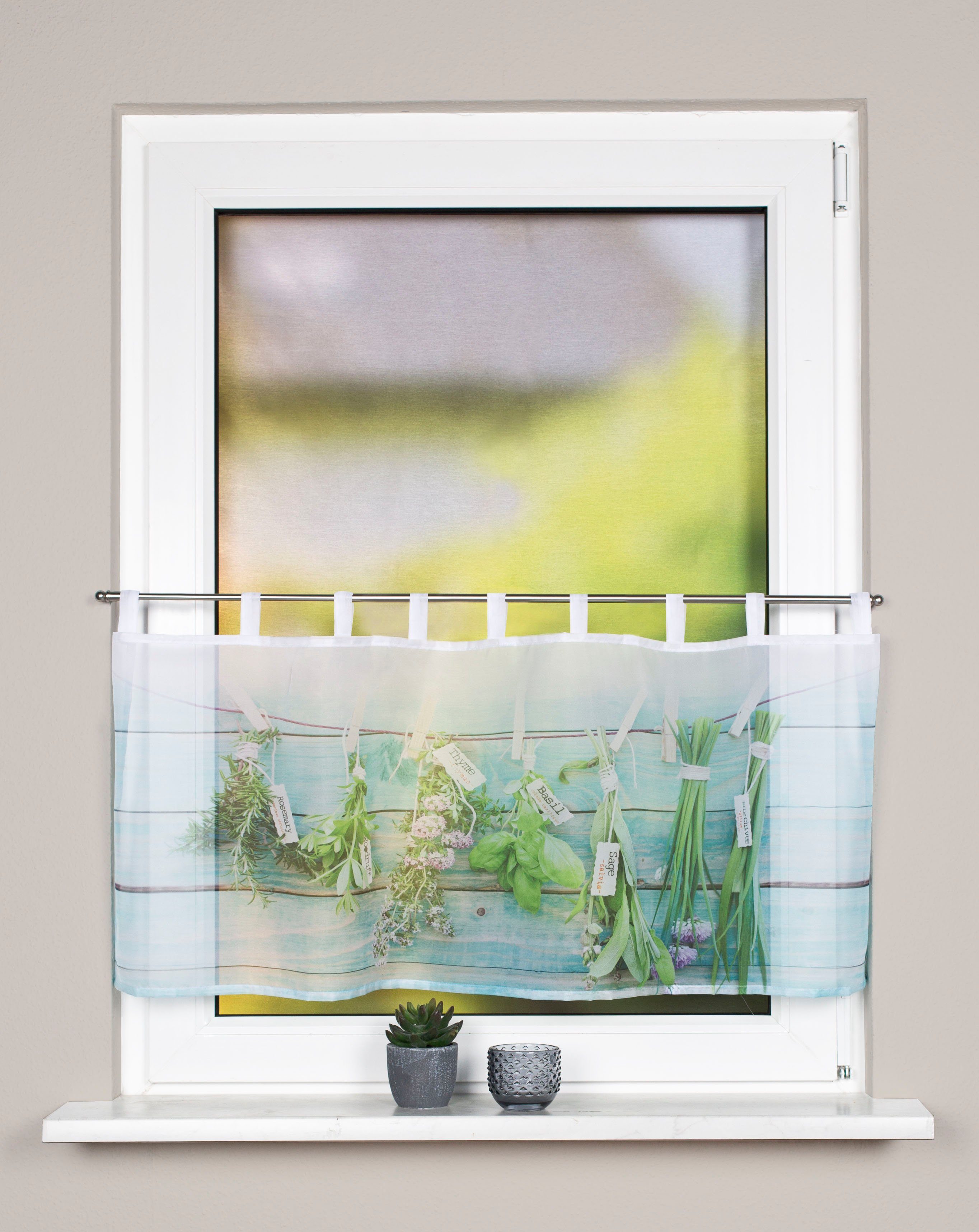 Scheibengardine KRÄUTER, Home Basics, Schlaufen Schlaufencafehaus, (1 St), digital bedruckt transparent
