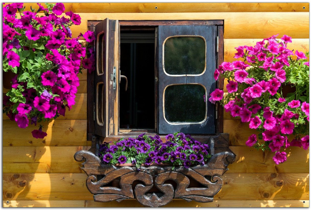 Wallario Sichtschutzzaunmatten Fenster mit Blütenpracht