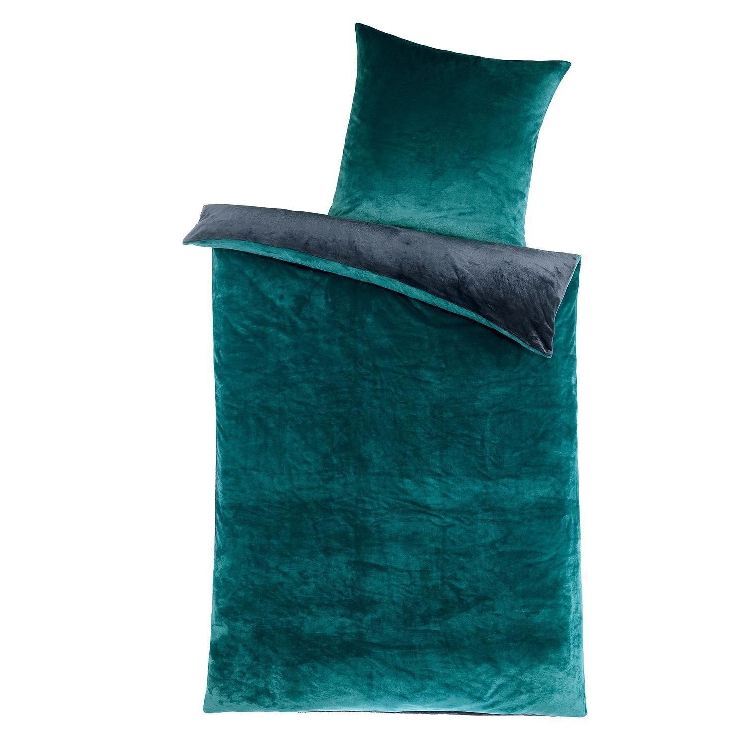 Holiday Heimtex Wendebettwäsche CASHMERE LIKE, 135x200 cm, Dunkelgrün, Anthrazit, Microfaser, 2 teilig, 2-teilig, mit Reißverschluss, Waschbar bis 40 °C