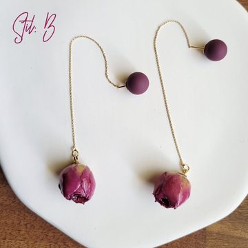GOLDEN Paar Ohrhänger Getrocknete Rose mit Perlen, Handgemachte Echte Natürliche Ohrringe