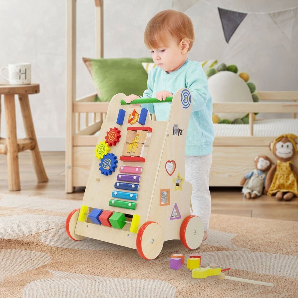 Joyz Aktivitäten Lauflernhilfe Multifunktional ab Natur Kinder mit Lauflernwagen für 1 Spiel-Laufwagen, Holz Walker Jahr mit 6 Gehhilfe Baby Gummibereifung,