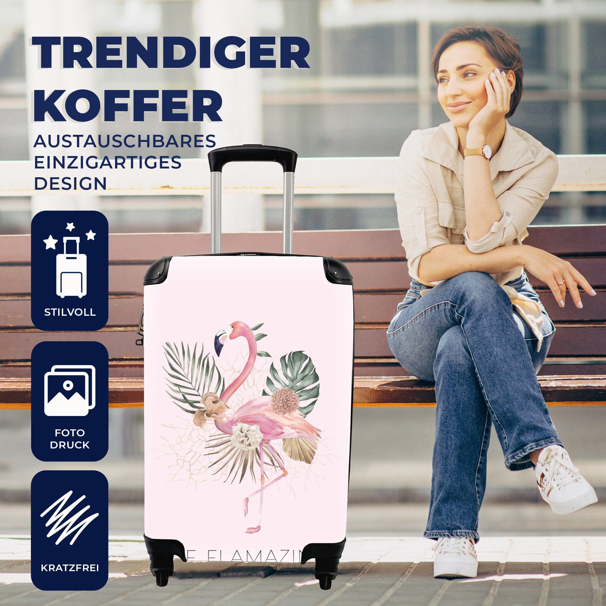 MuchoWow Handgepäckkoffer Flamingo Handgepäck - Reisetasche für 4 Ferien, Rollen, mit Zitate, rollen, Blumen - Reisekoffer Trolley