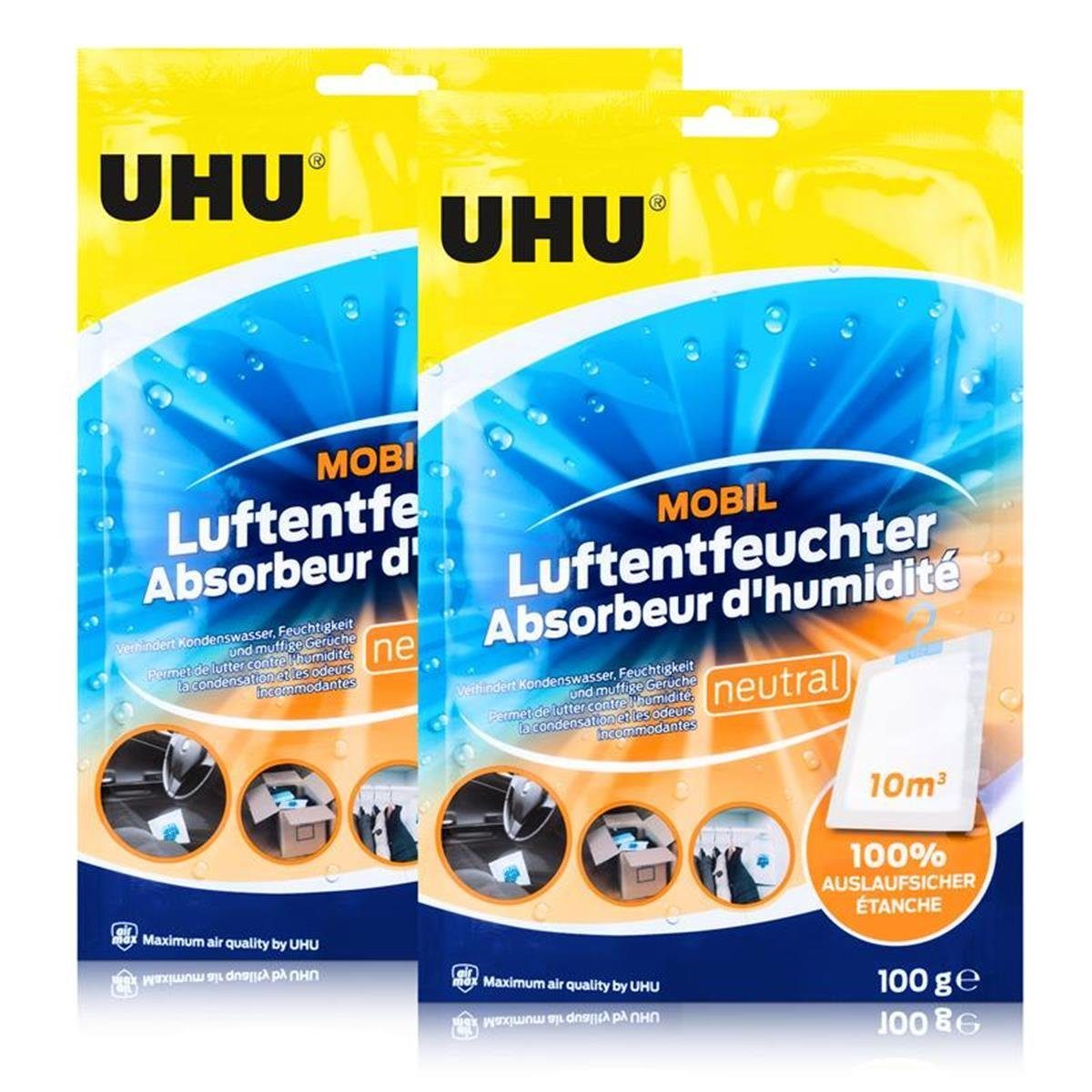 UHU Luftentfeuchter 2x UHU Air max Luftentfeuchter mobil mit Auslaufschutz für Auto, Wohnw