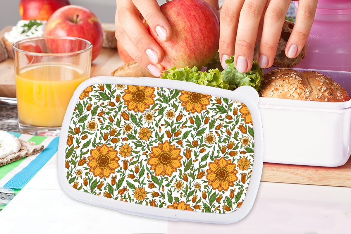 Brotdose, und Erwachsene, Jungs und für Kinder Orange Kunststoff, Design, - Brotbox Mädchen (2-tlg), MuchoWow weiß Lunchbox Blumen für -