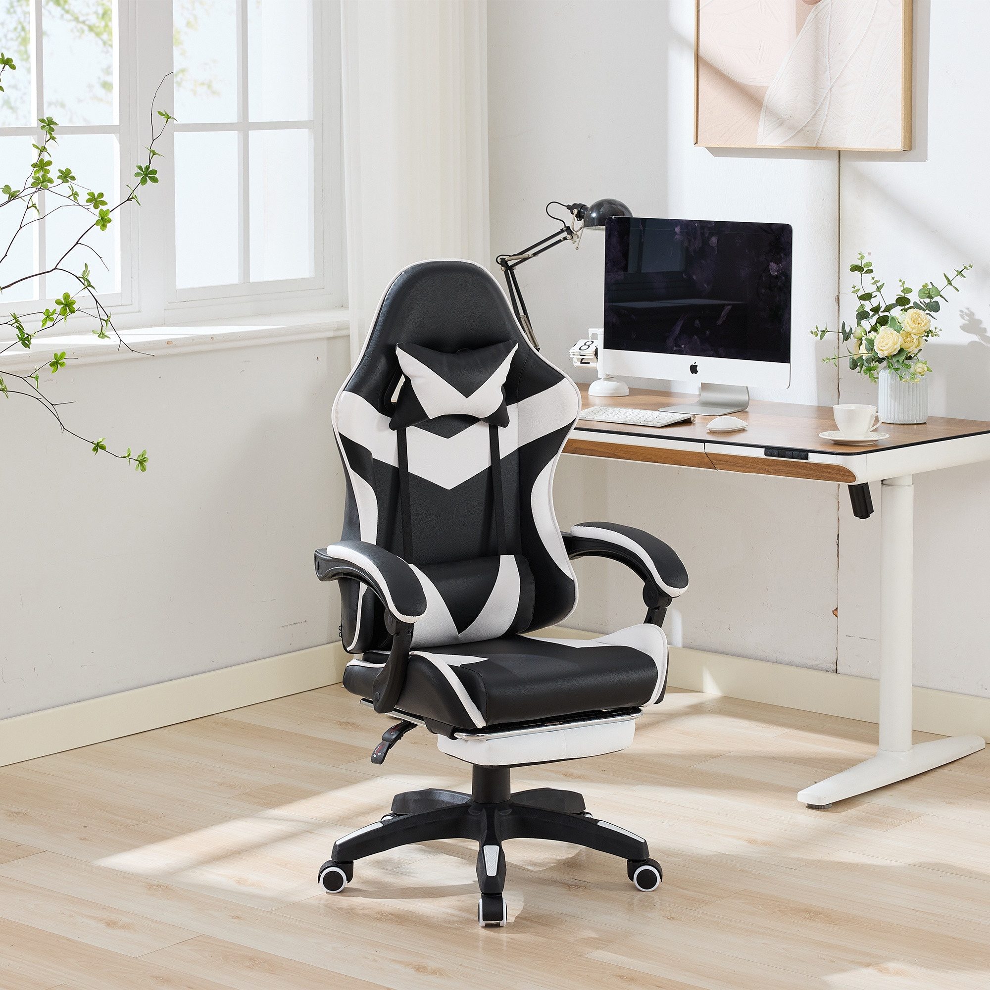 BlingBin Gaming-Stuhl Bürostuhl Gaming Stuhl 360°-Drehbare Ergonomischer Drehstuhl (Hochlehnsbürostuhl, 1 St), Arbeitsstuhl mit Fußstütze,Kopfstütze und Lendenstütze für Büro,Gaming