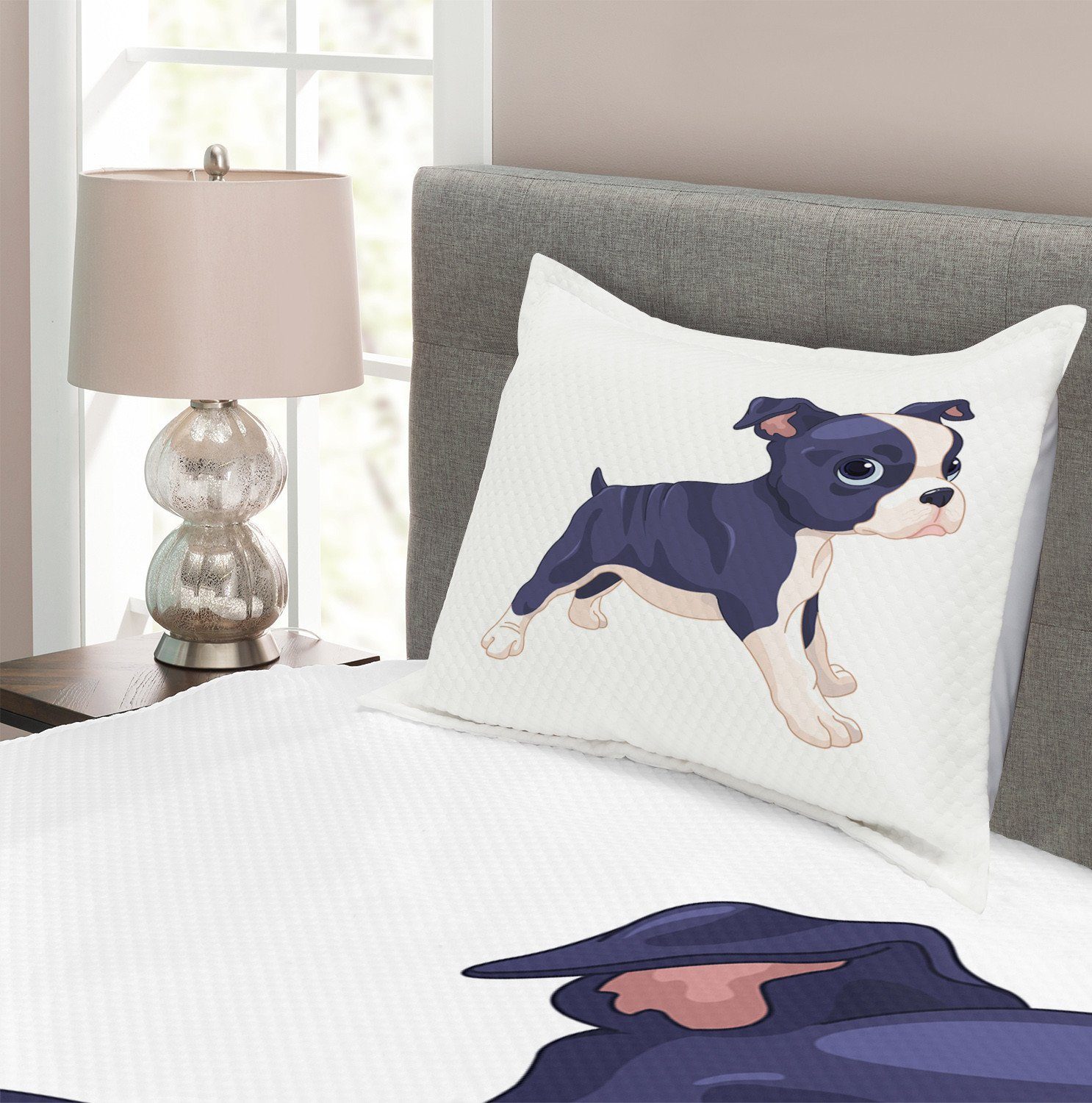 Tagesdecke Kissenbezügen Verspielt Terrier mit Abakuhaus, Set Waschbar, Cartoon Boston Hund
