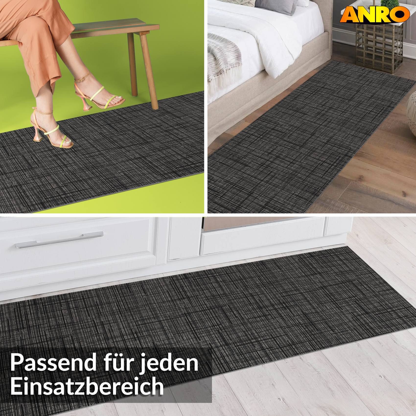 ANRO Läufer LUIGI Leinensstyle pflegeleicht hochwertig Flurläufer Küchenteppich, eckig, Höhe: 3 mm, Teppichläufer 100cm Einfarbig;uni;Meliert Anthrazit wasserdicht