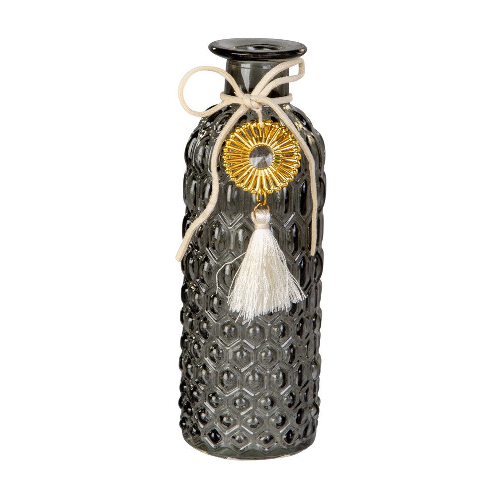 Dekovase Vase mit Anhänger und Quaste - schwarz - aus Glas - ca. 5,5 x 16,5 cm