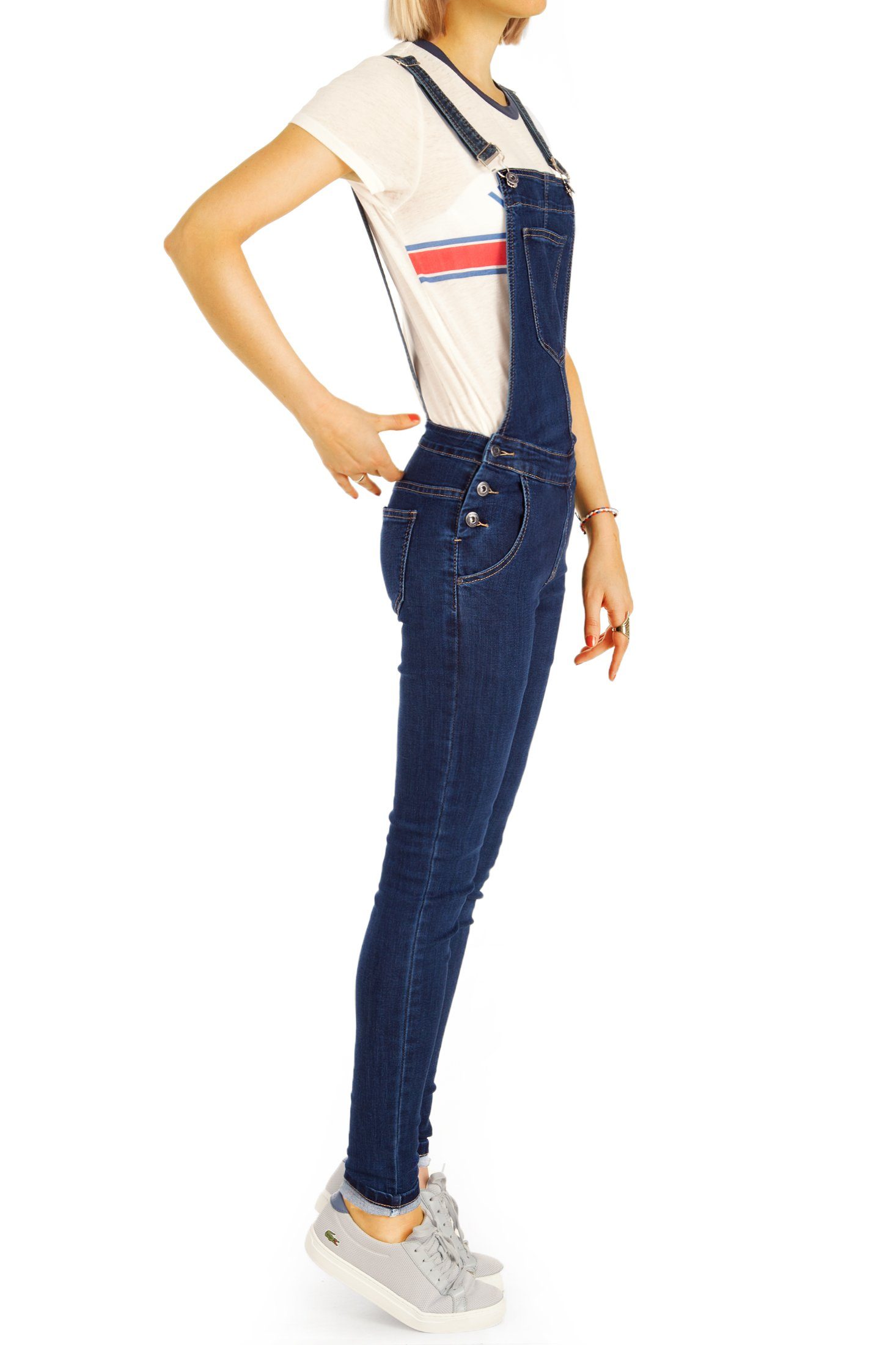 be styled Jeanslatzhose Jeanslatzhose röhrige skinny Passform Jeans Overall - Damen - j16i-2 mit Stretch-Anteil