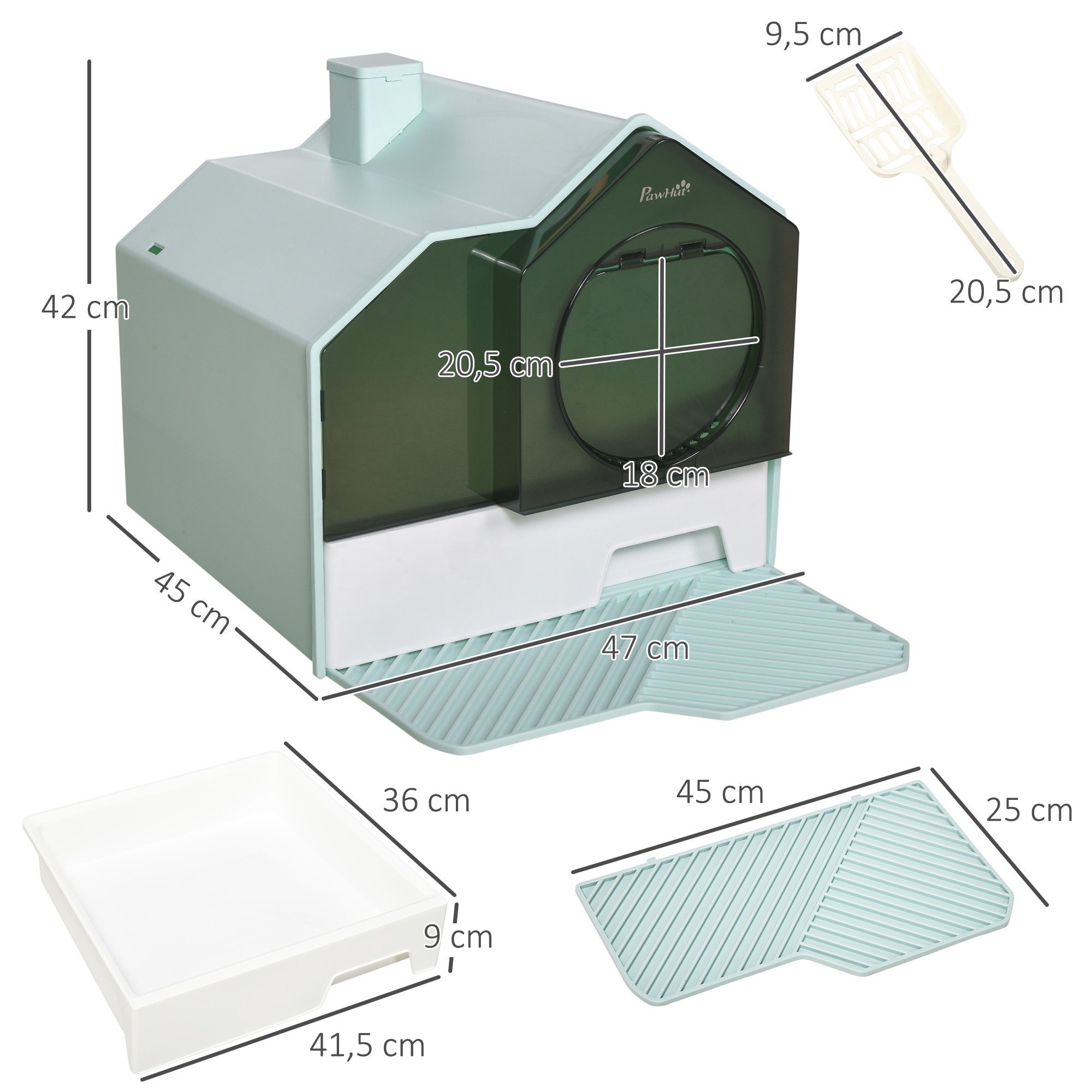 PawHut Katzentoilette Katzenklo mit Haube Katzentoilette mit Bodenwanne Schaufel Filter, für Katzen bis 5 kg, ABS, Kunststoff, Hellblau 47 x 45 x 42 cm