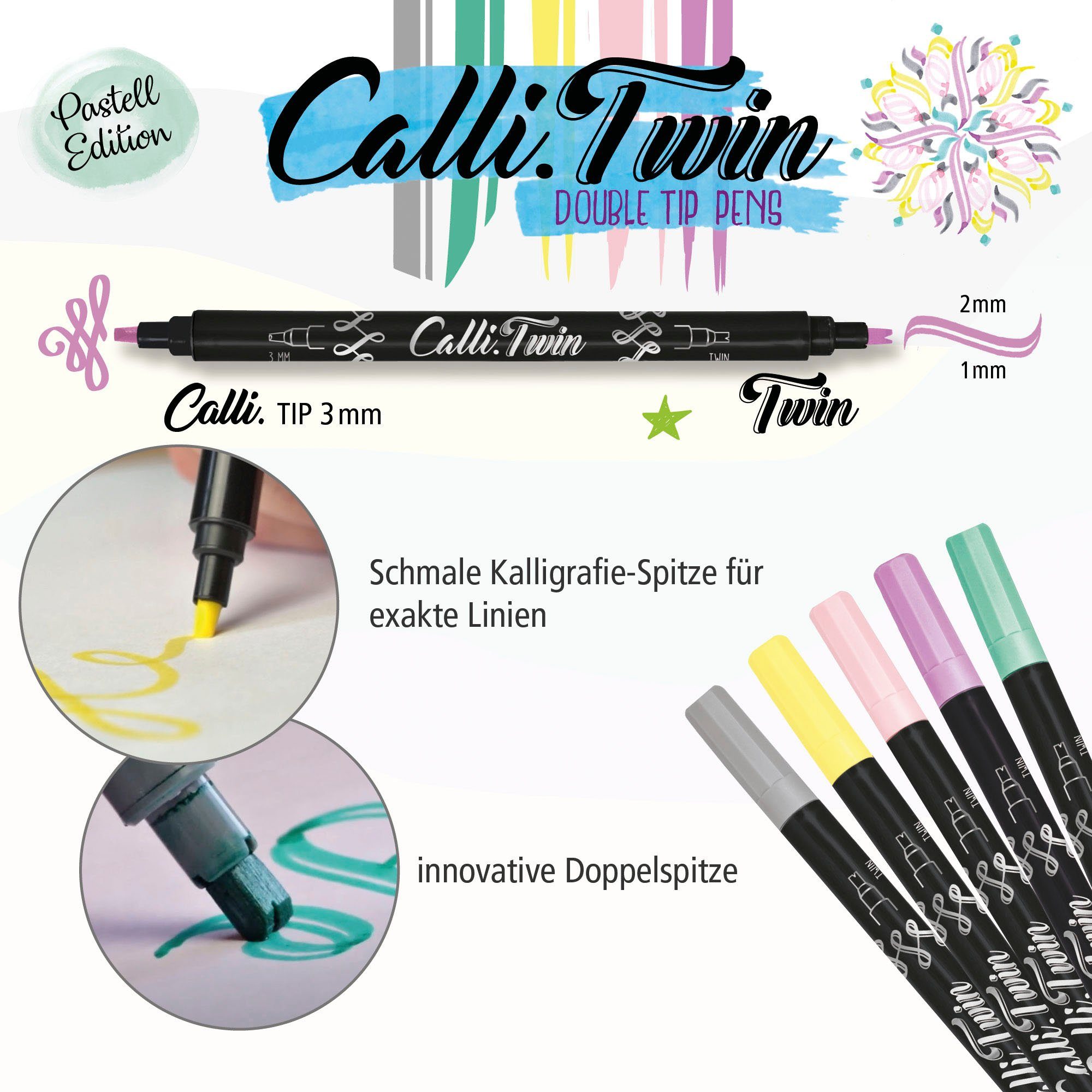 5x Handlettering Pen Pastel Spitzen Stifte Set, Pens, Brush bunte Online Calli.Twin, Fineliner verschiedene