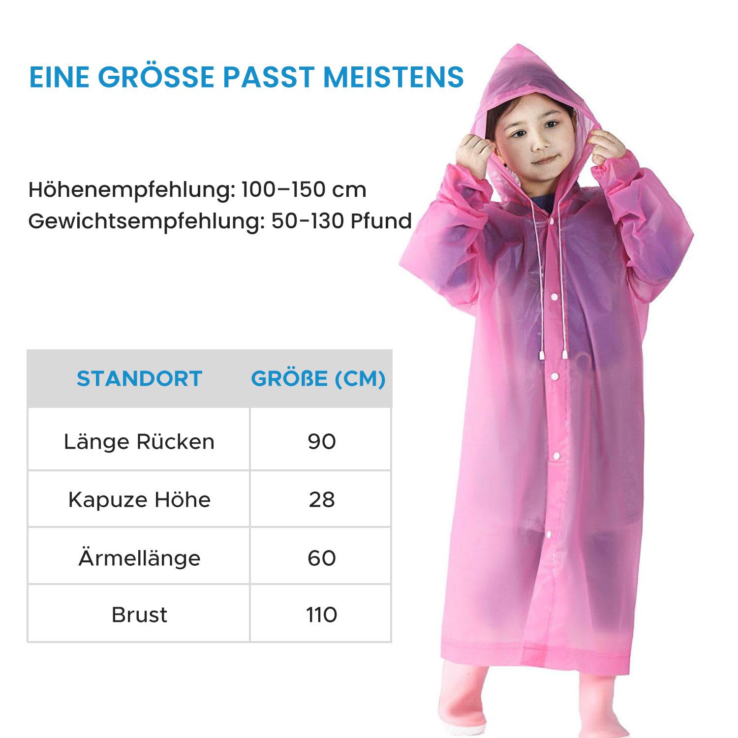 Refttenw Regenjacke Kinder Wasserdicht Regenmantel Wiederverwendbarer mit Kapuze (2-St) in Unifarbe